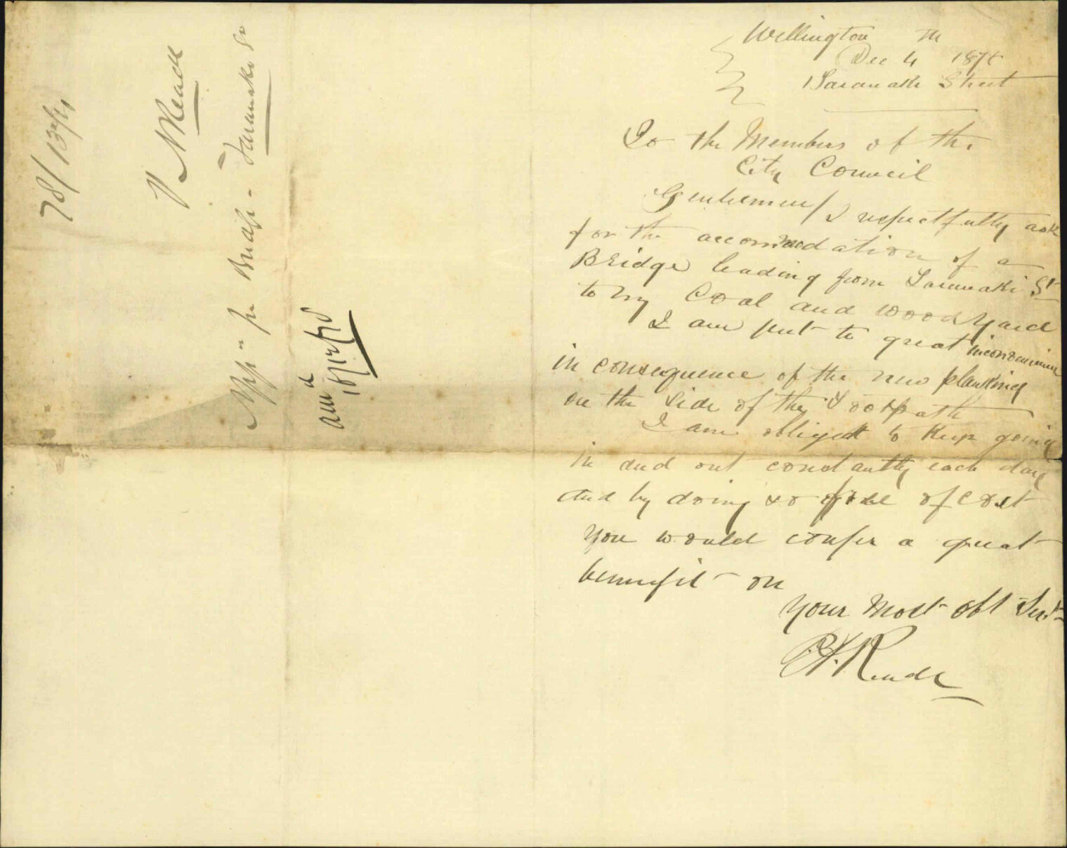 Re application for bridge from Taranaki Street to cool and wood yard - Mr Reade