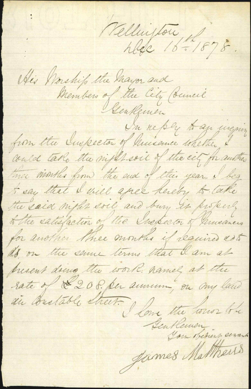 (1) Re taking night-soil for another three months - James Matthews (2) Memo to Town Clerk forwarding letter from night-soil depot keeper re agreement - Alfred Johnson (Inspector of Nuisances)