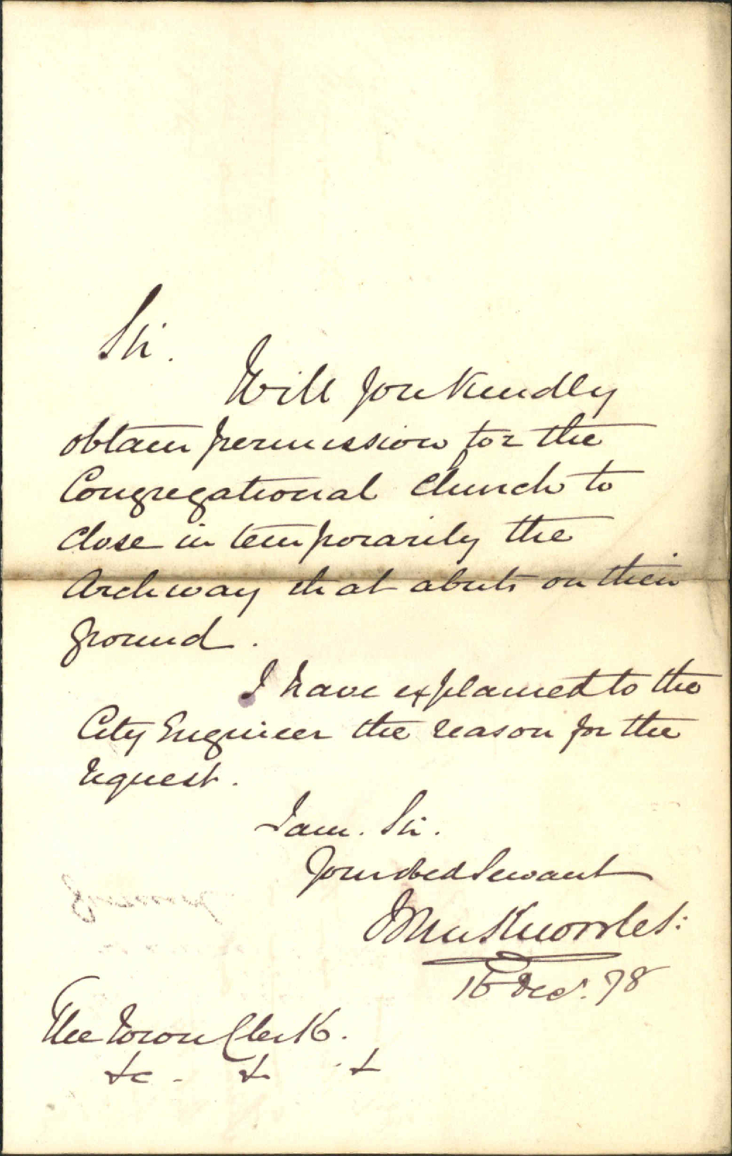 Re application to close in archway adjoining Congregational Church - William Knowles