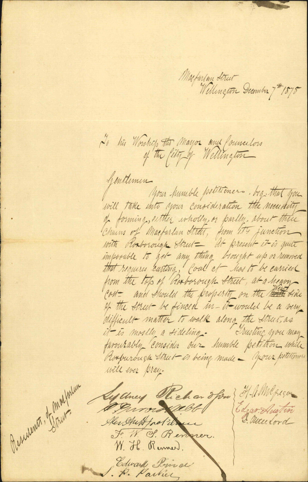 Re petition re formation of McFarlane Street - Sydney Pilcher and others