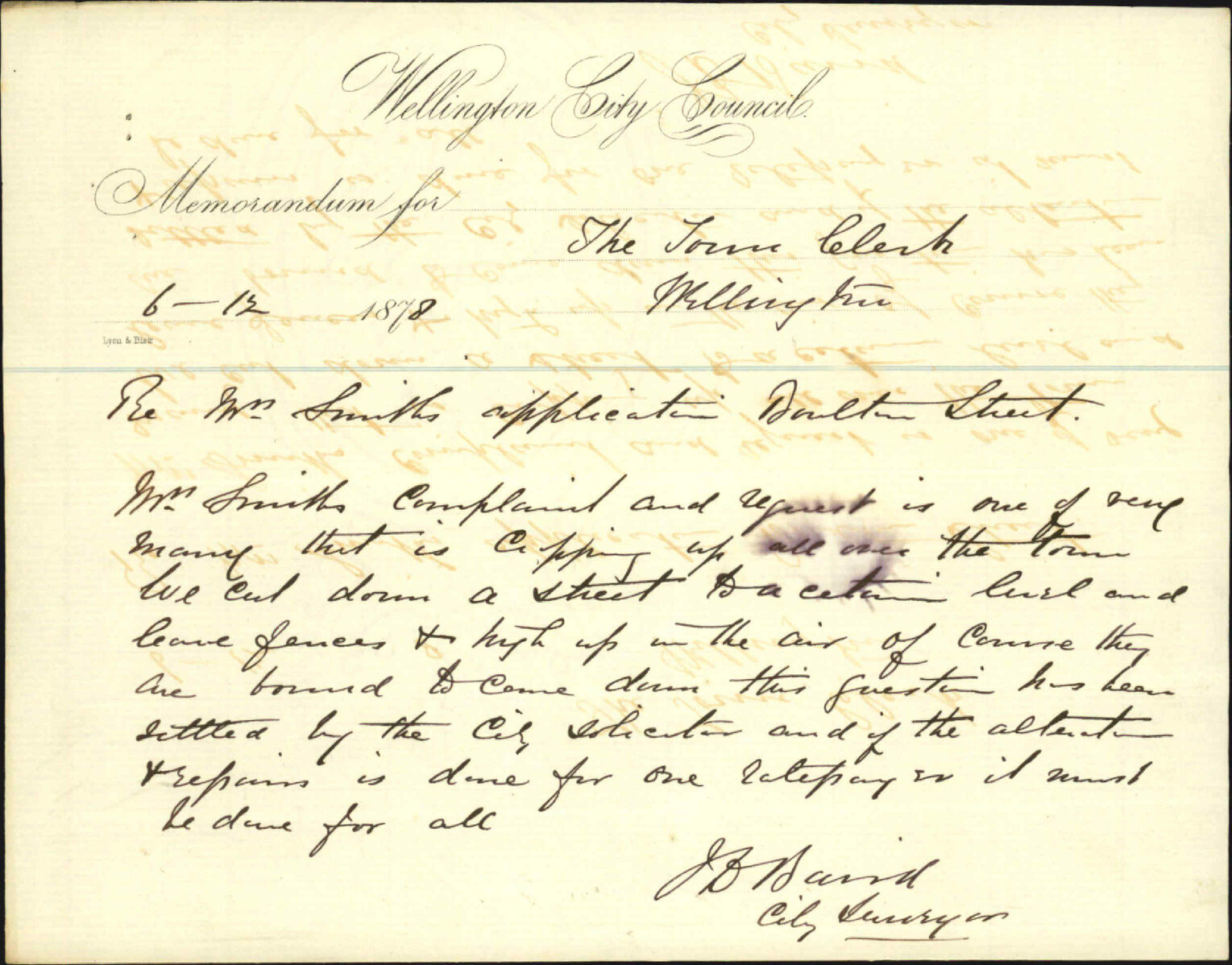Re memo to Town Clerk re Mr Smith's application, Bolton Street - J J Baird (City Surveyor)