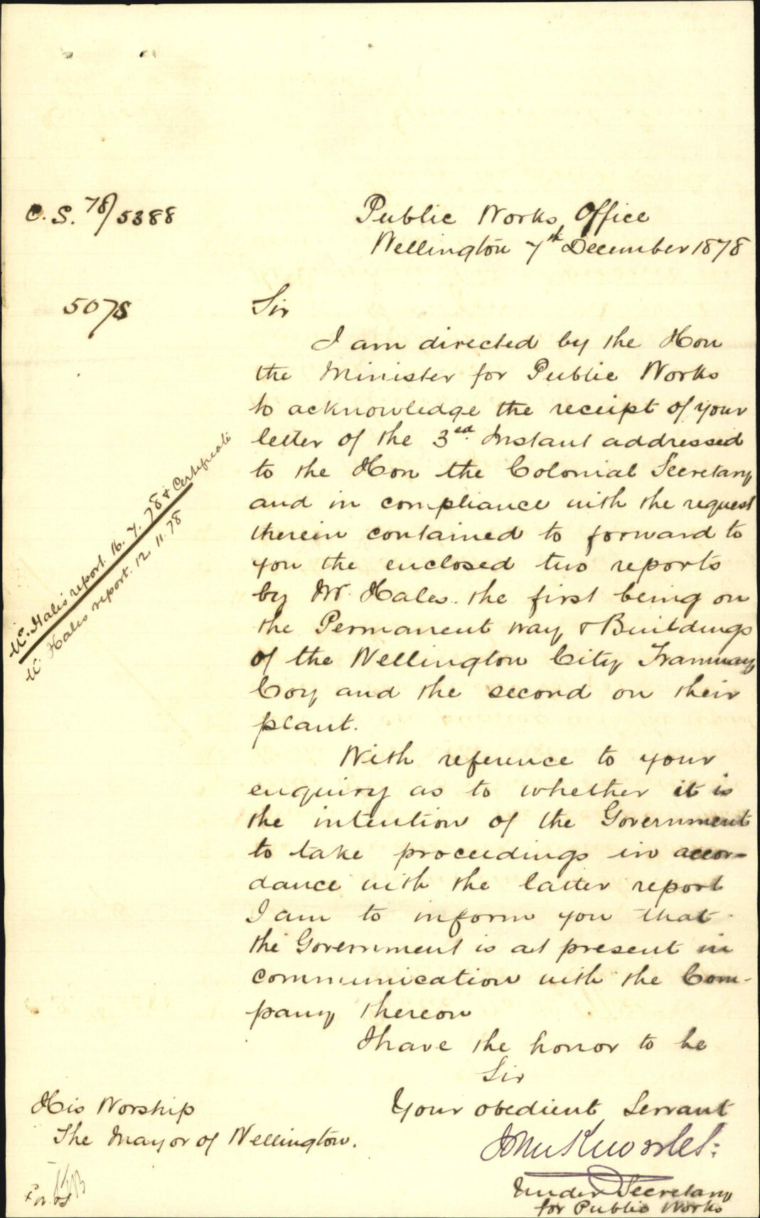 Forwarding Mr Hales' report re Tramways - Undersecretary for Public Works