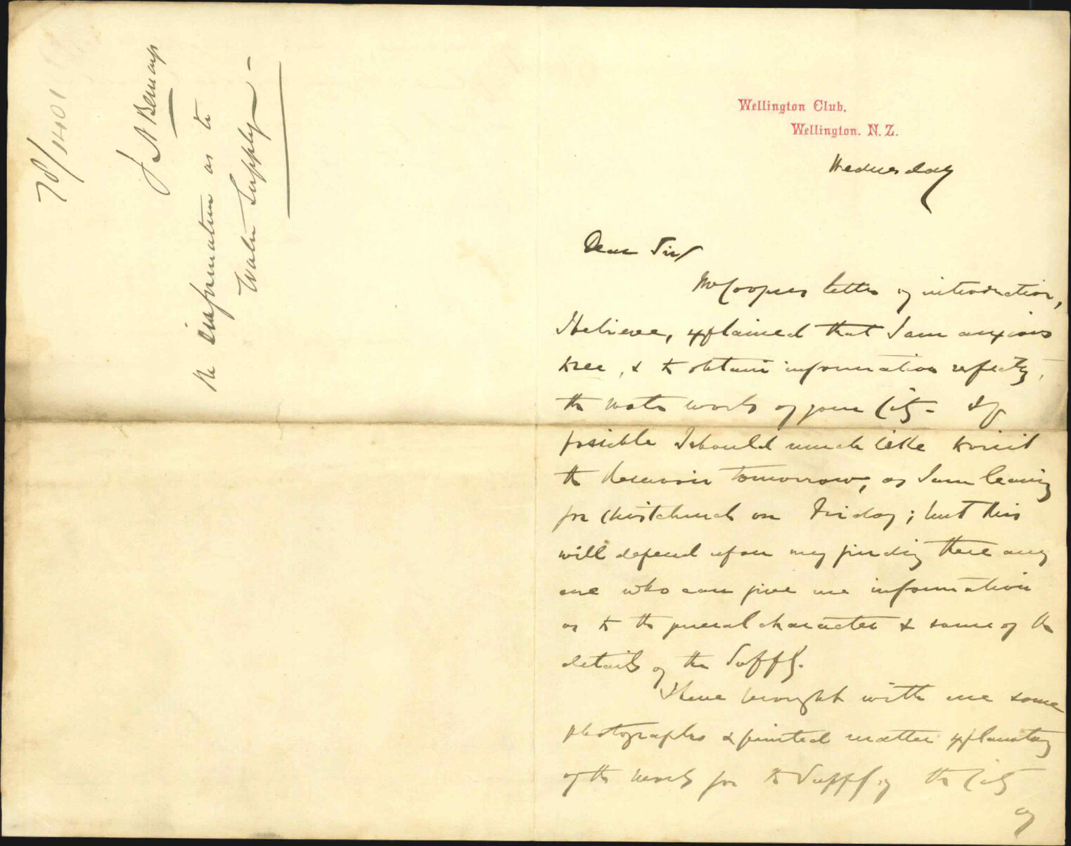 Re information as to water supply - Wellington Club