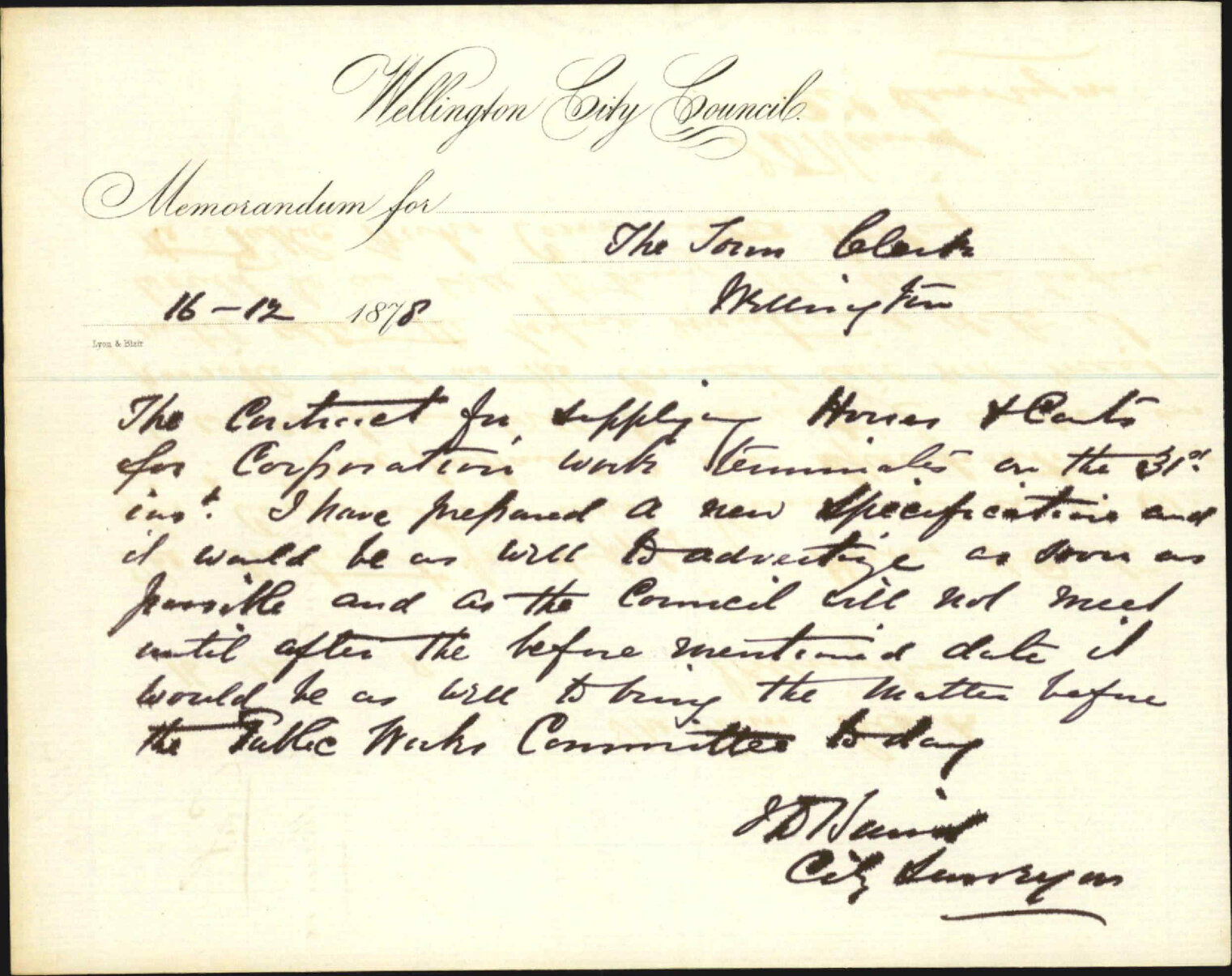 Memo to Town Clerk re contract for Corporation horse and carts - J J Baird (City Surveyor)