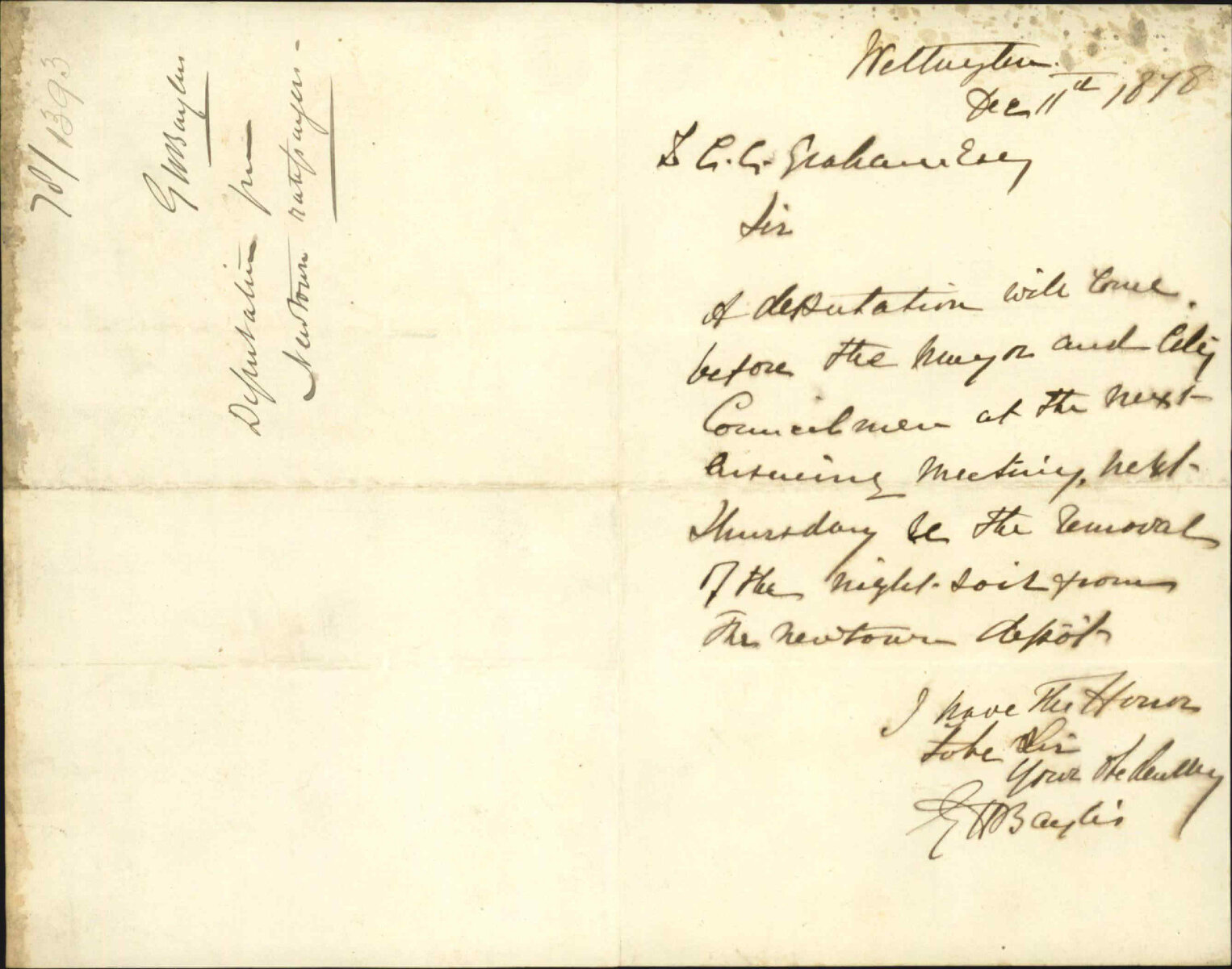Deputation to wait on Mayor and Council re removal of night-soil from Newtown Depot - G H Baylis