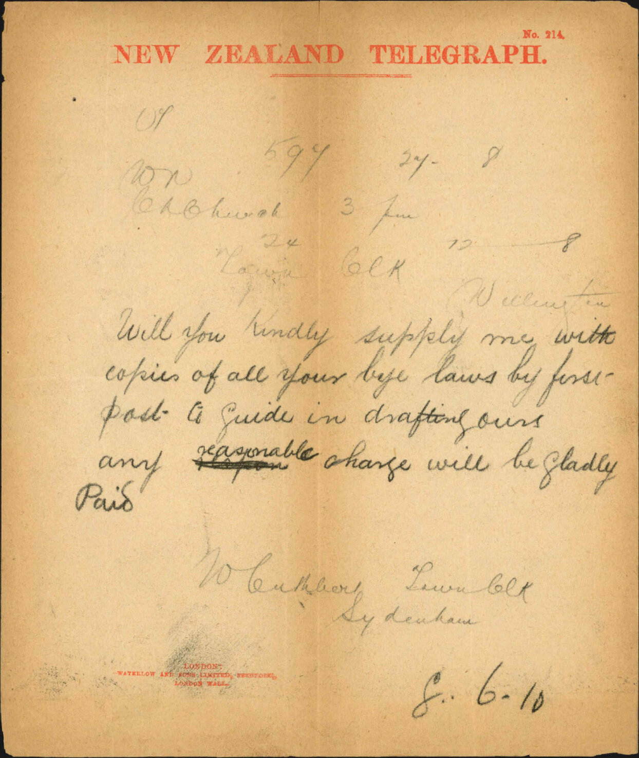 Re asking for copies of bylaws - Town Clerk, Sydenham