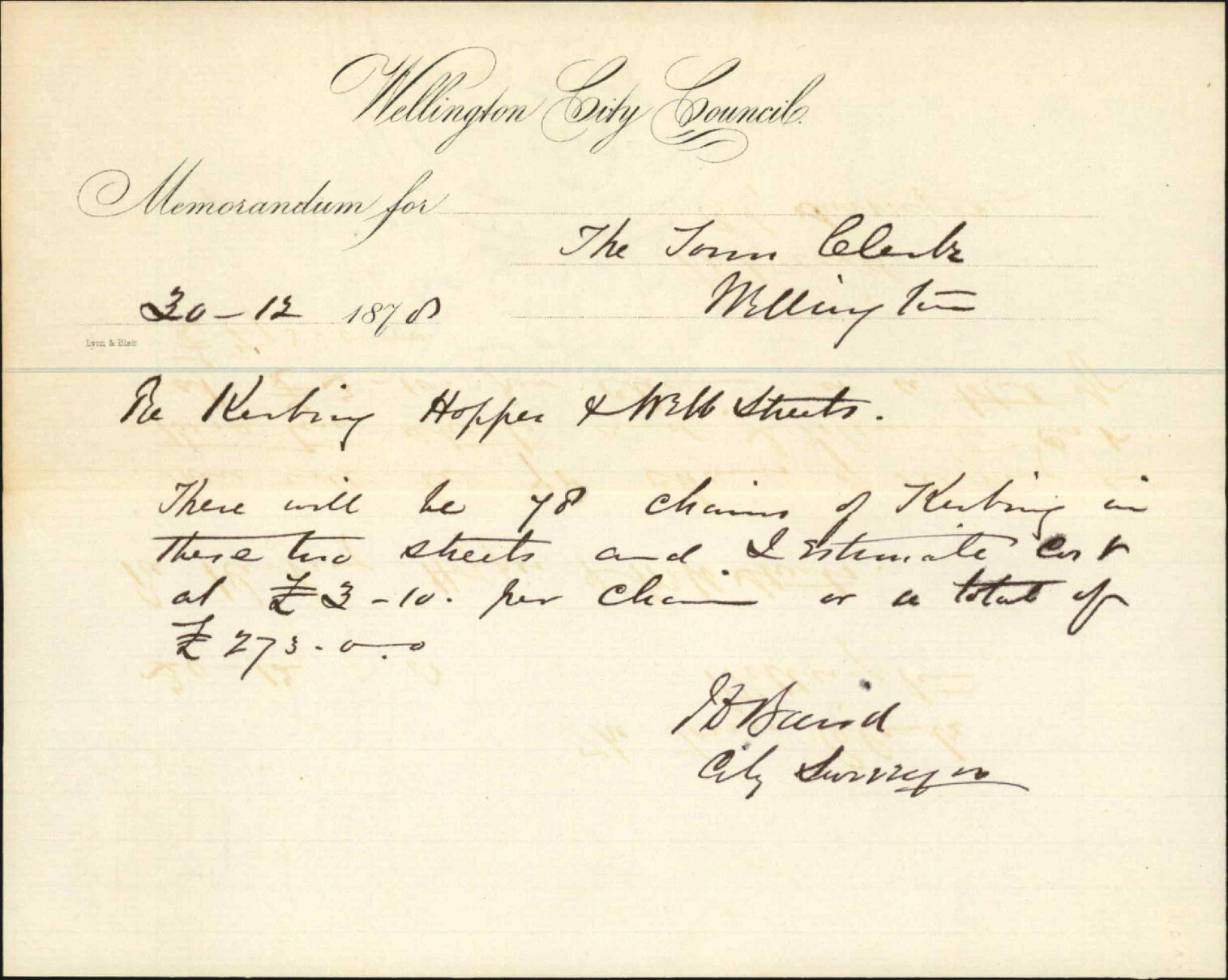 Re memo to Town Clerk re kerbing Hopper and Webb Streets - J J Baird (City Surveyor)