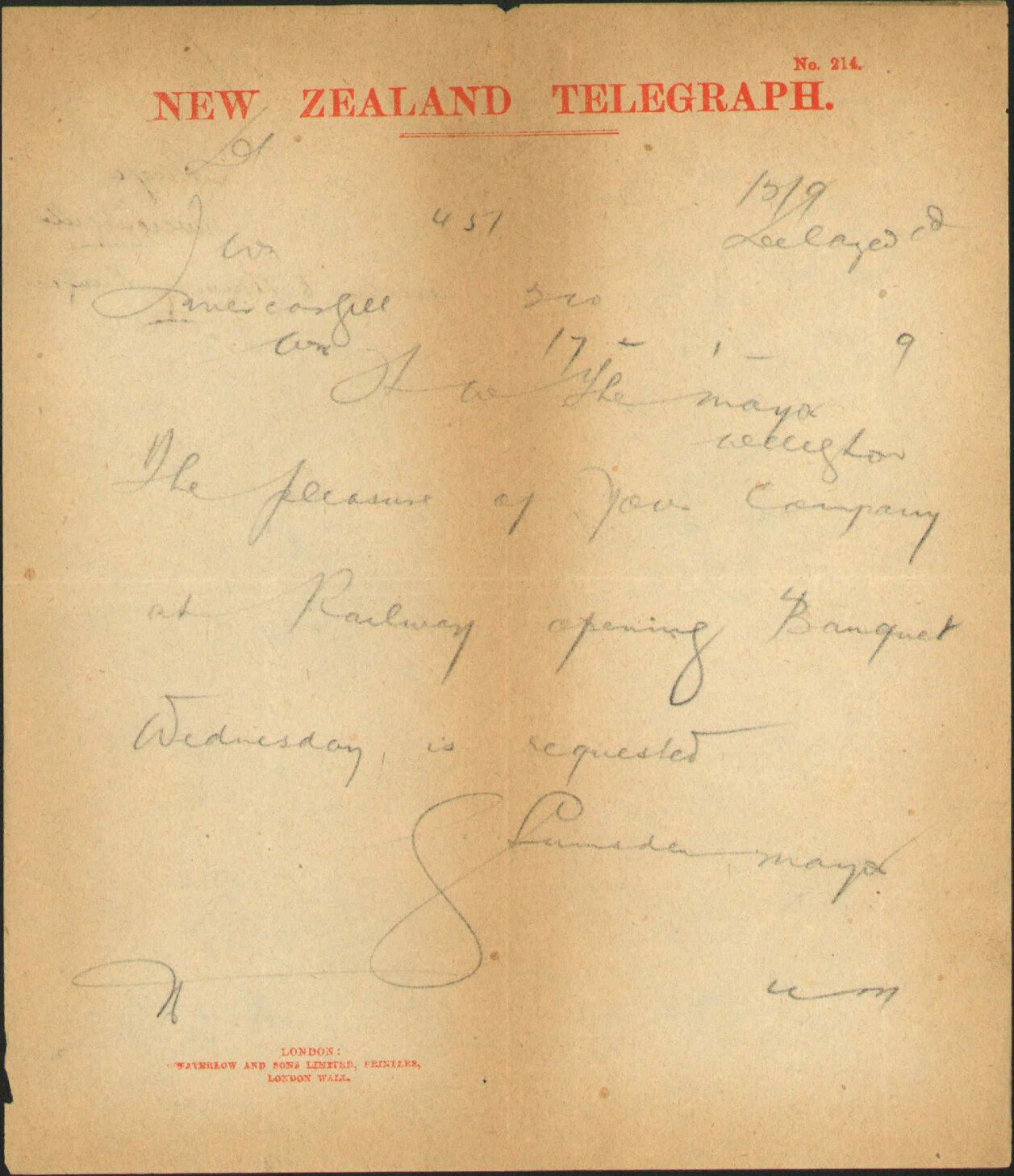 Re invite to Mayor to attend railway opening - Mayor of Invercargill