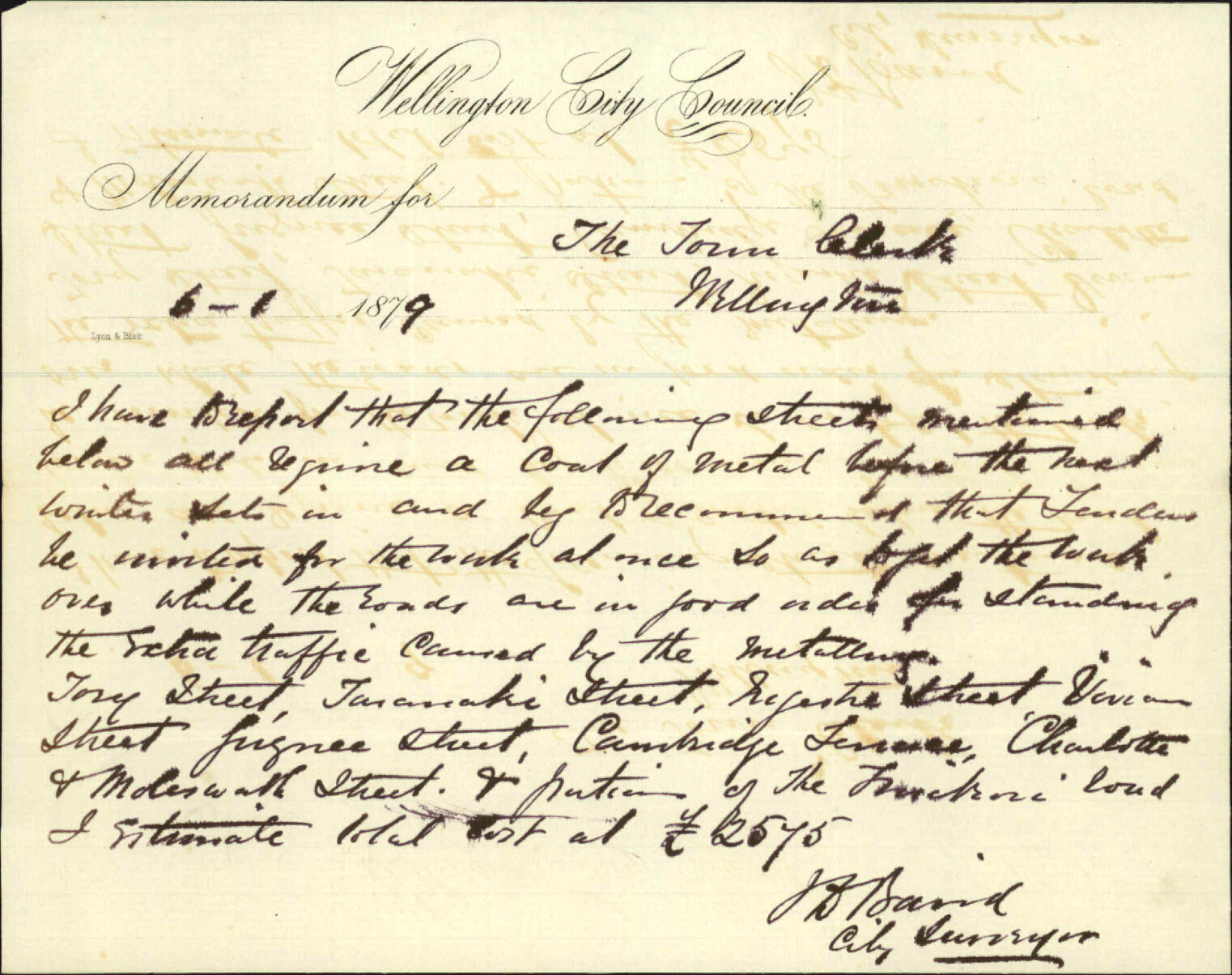 Re memo to Town Clerk re metalling streets before winter - J J Baird (City Surveyor)