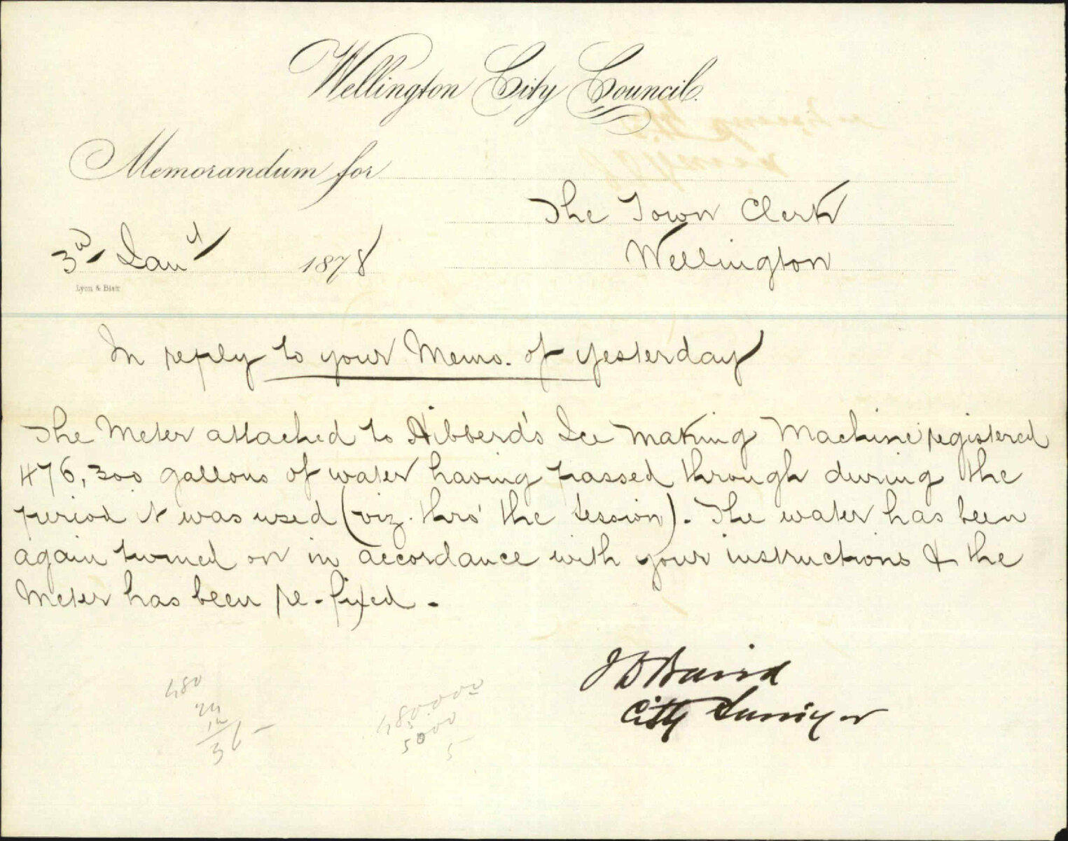 Re memo to Town Clerk re water to Hibberds Terrace - J J Baird (City Surveyor)