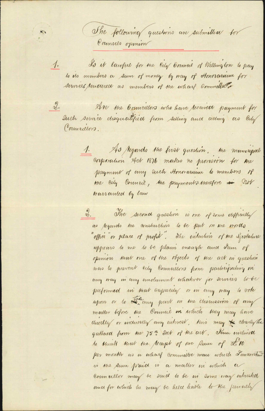 (1) legal opinion re wharf honorarium - Mr Buckley (2) legal opinion re wharf honorarium - FW Ollivier (3) with legal opinions on the subject of wharf honorarium - Councillor Thompson