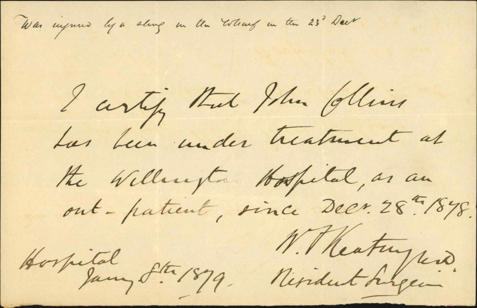 Re John Collins, wharf labourer injured - W Keating (Hospital Surgeon)