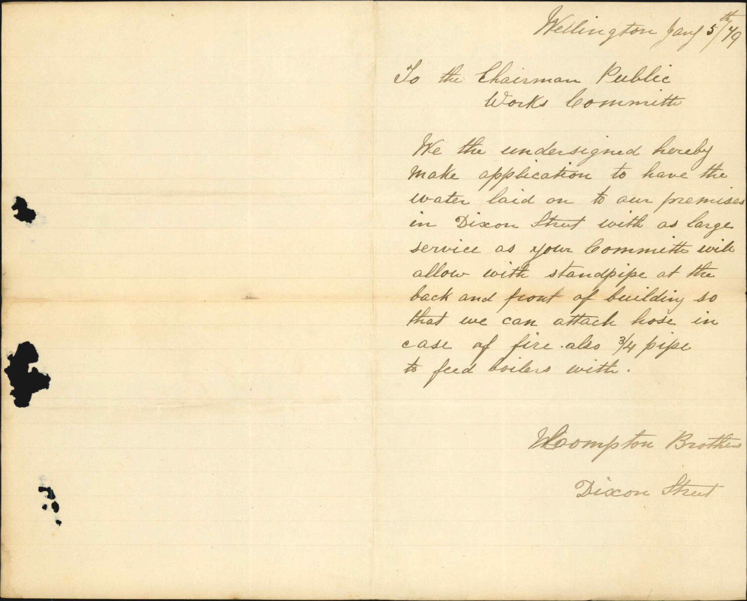 Re application for water supply to premises in Dixon Street - Compton Brothers