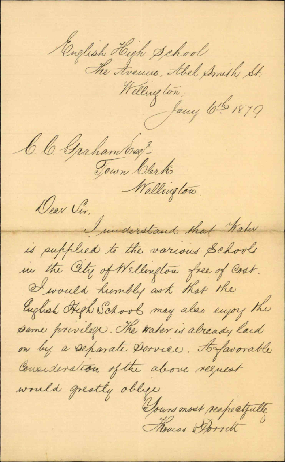 Re application for water supply to English High School - Thomas Porritt