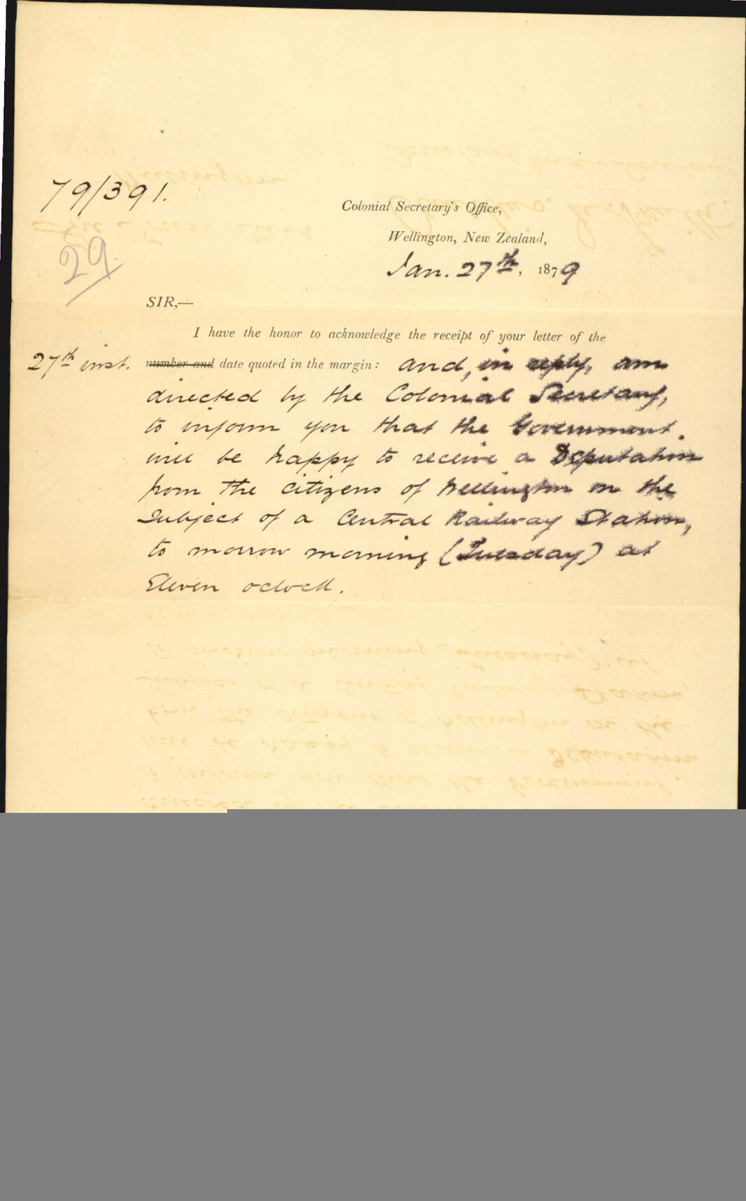 Re application for Wellington to build a central railway station - Smith - Colonial Secretary's Office