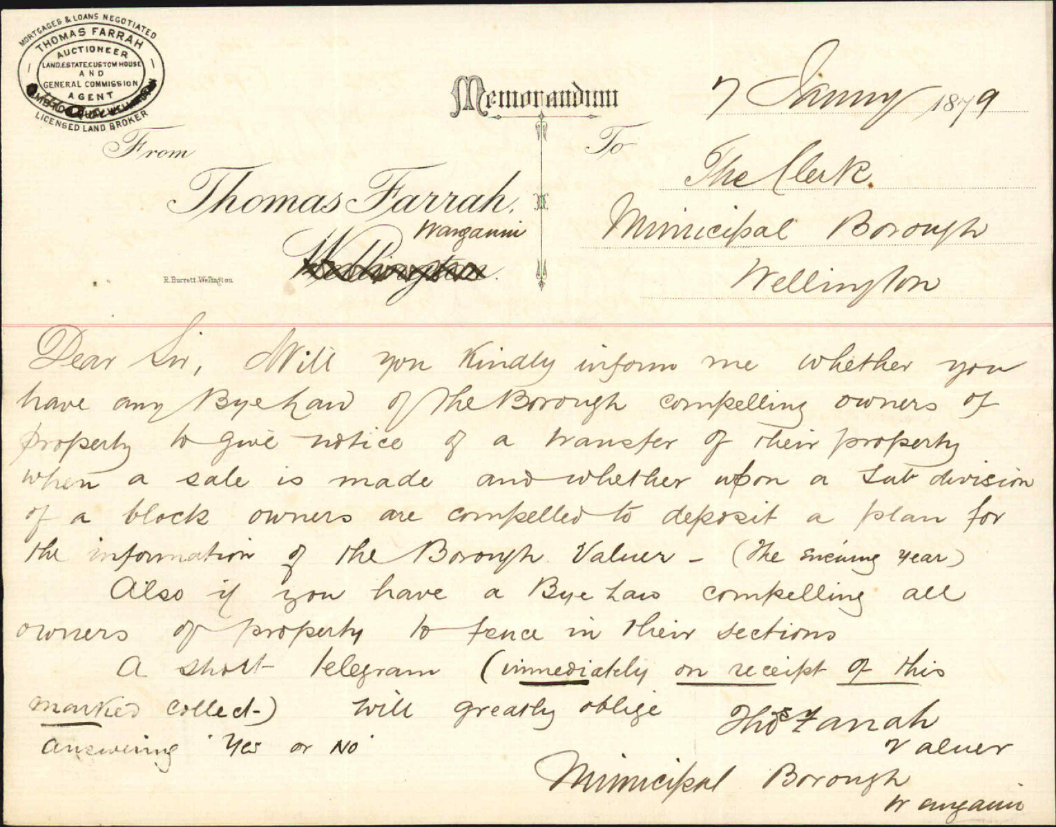 Re memo to Town Clerk re valuation of borough and fencing notices - Thomas Farrah (valuer)