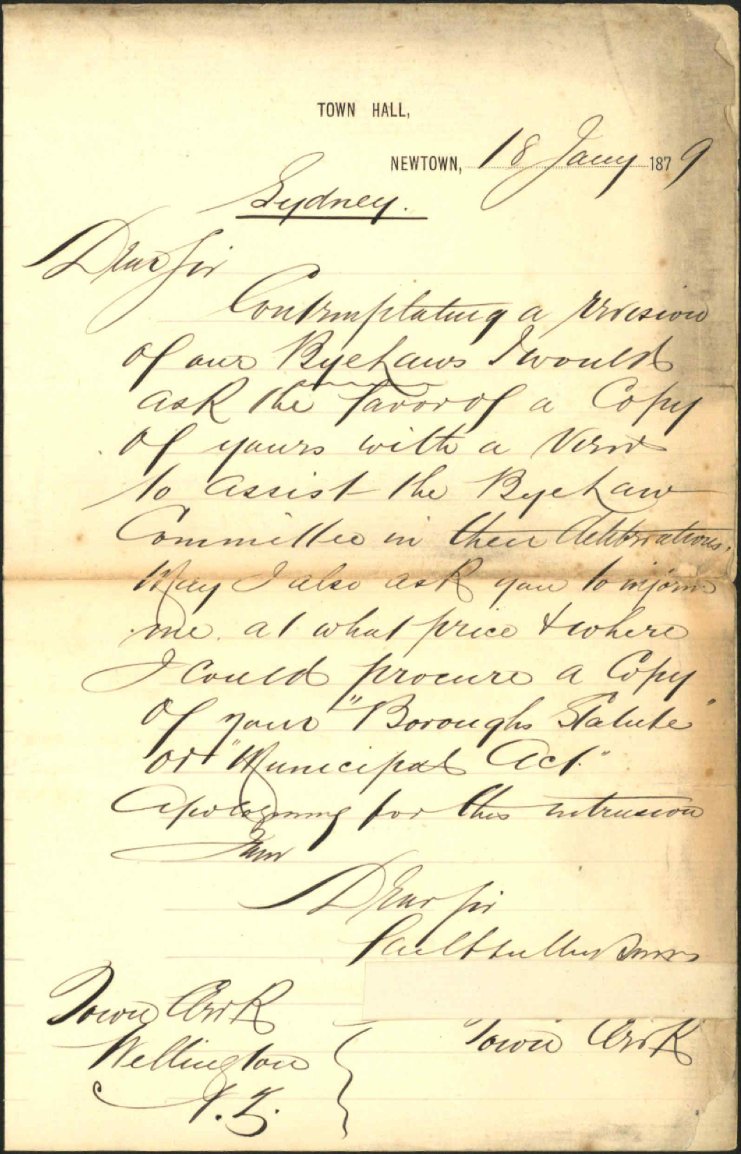 Re request for a copy of Wellington's bylaws - Town Clerk of Newtown, Sydney