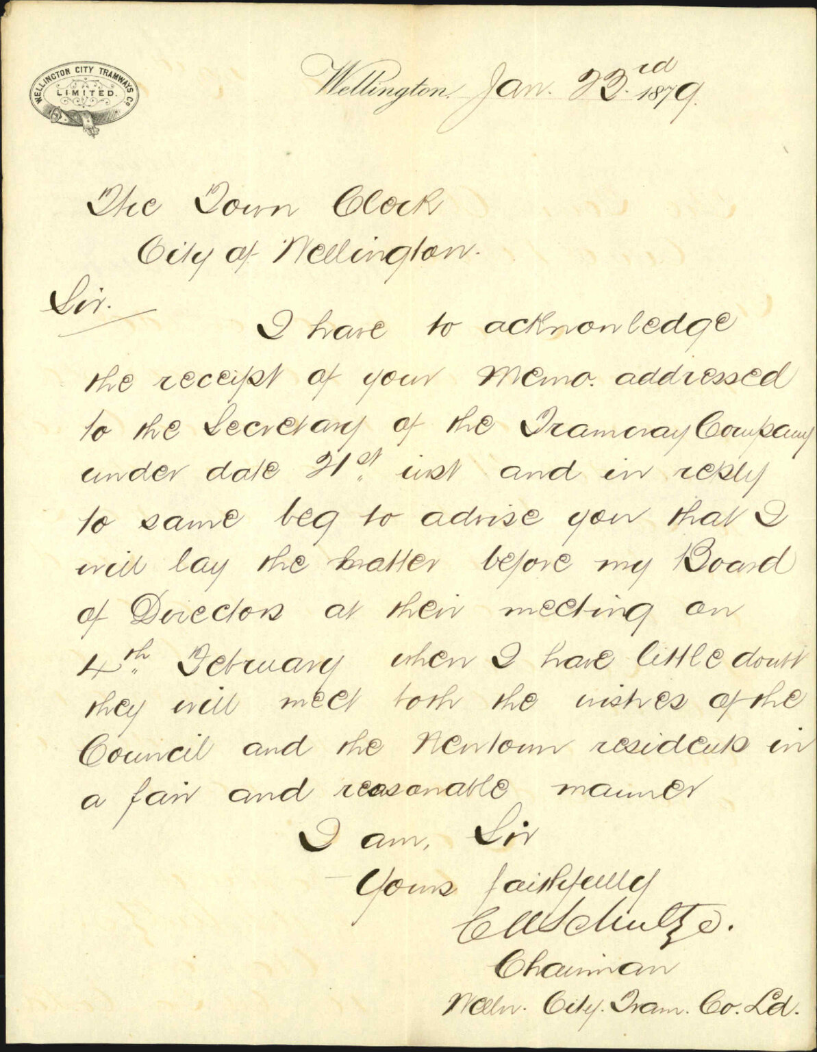 Re extension of tram lines in Riddiford Street - Chairman of Wellington City Tramways Ltd