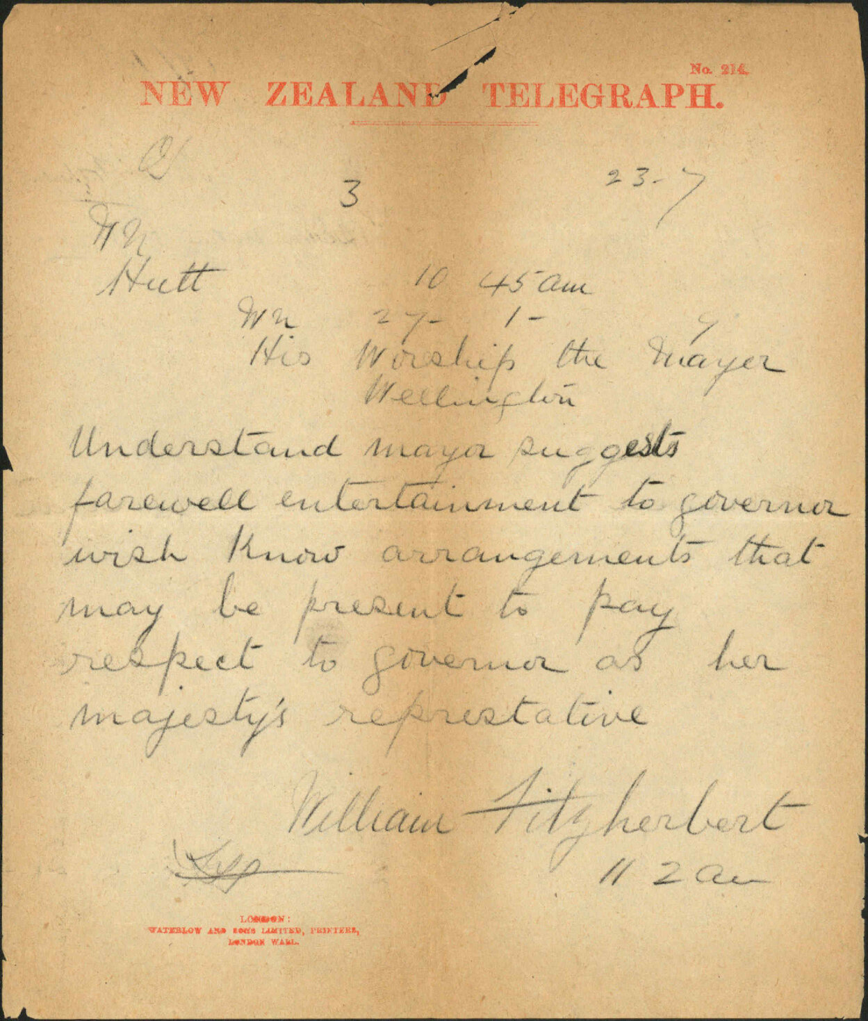 Re request for details of farewell function for Governor - Sir William Fitzherbert