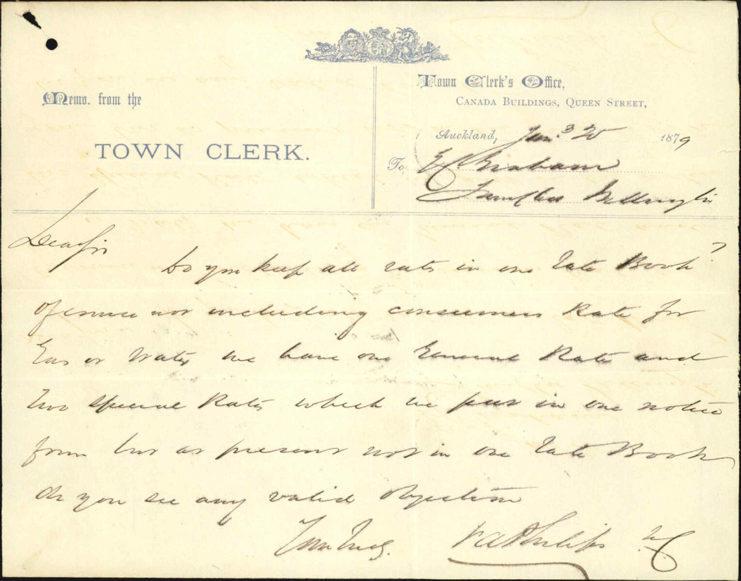 Re method of rate book keeping - Town Clerk's Office, Auckland