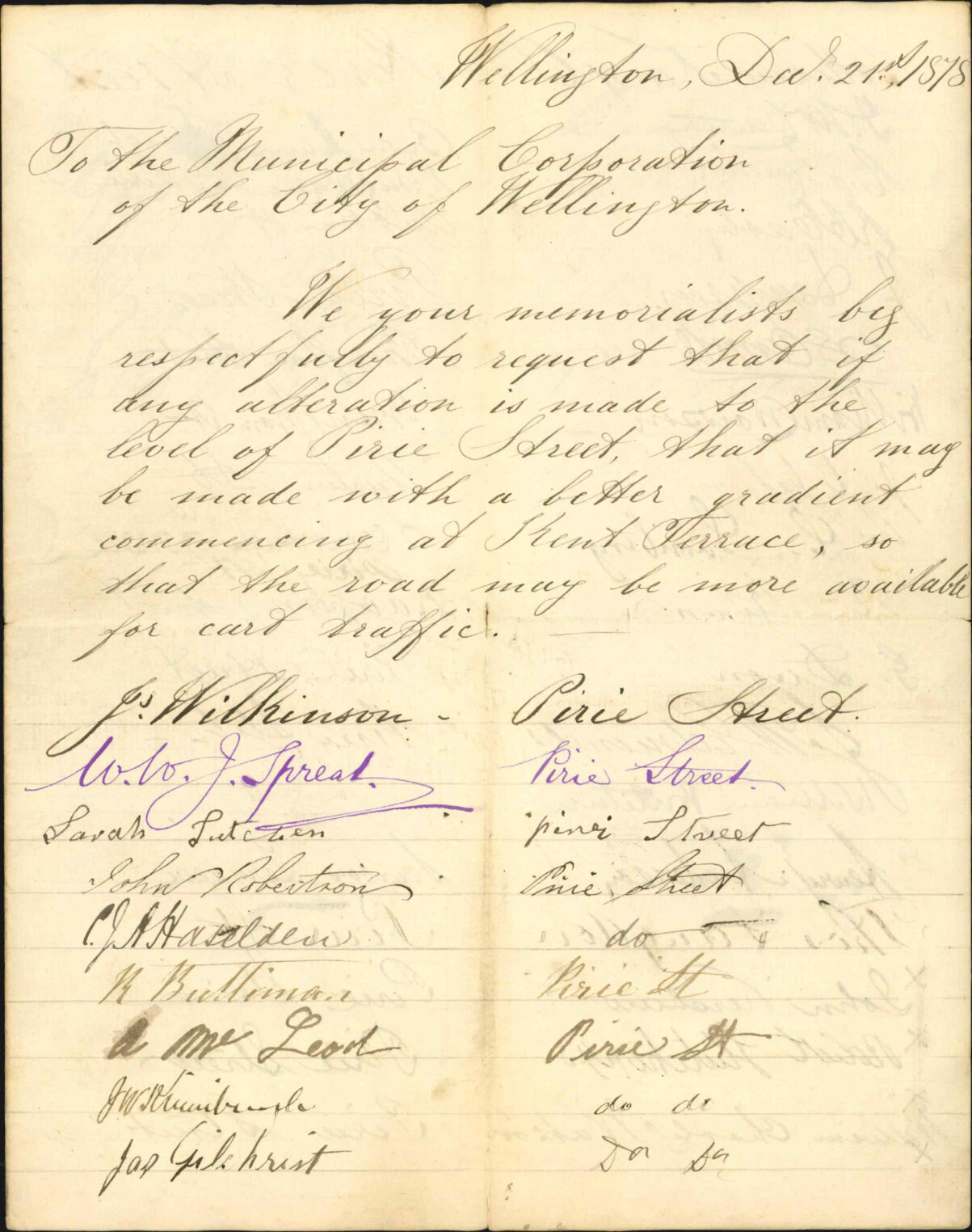 Re asking for alteration to level of Pirie Street - J Wilkinson and others