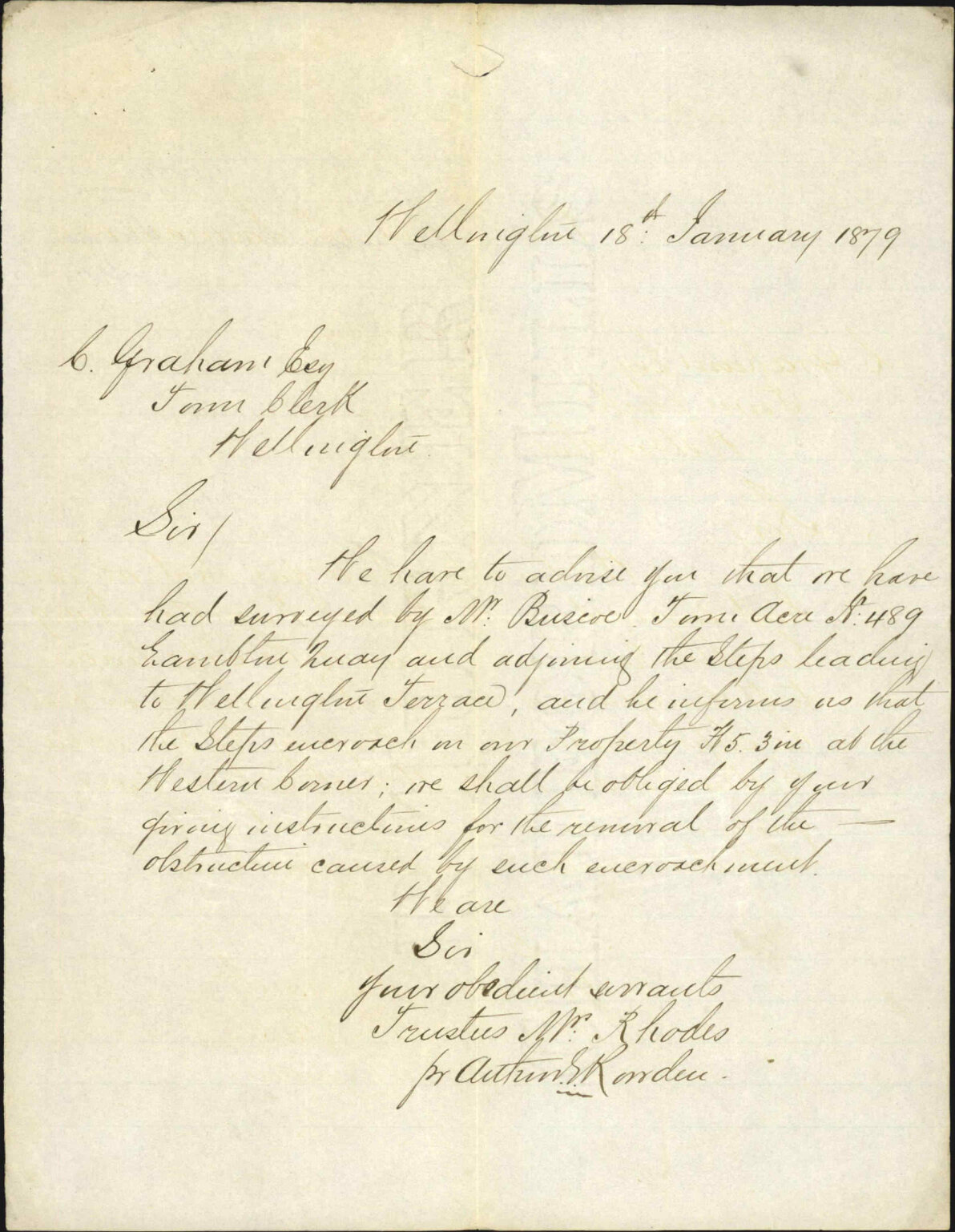 Re complaint re encroachment of council steps (Plimmer) onto private land Town Acre 489 - Trustees of Mr Rhodes