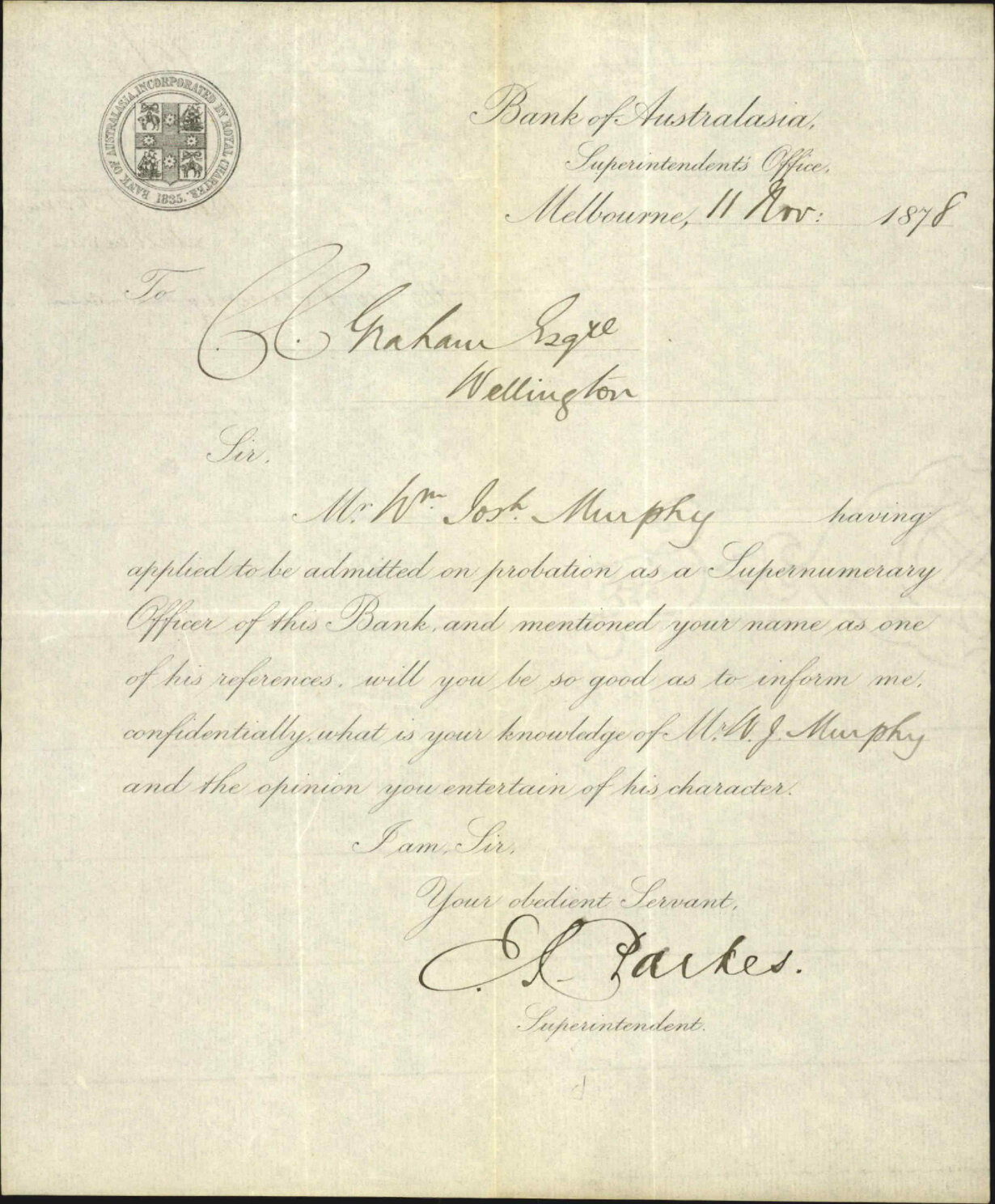 Request of a reference for Mr Murphy - Bank of Australia, Melbourne