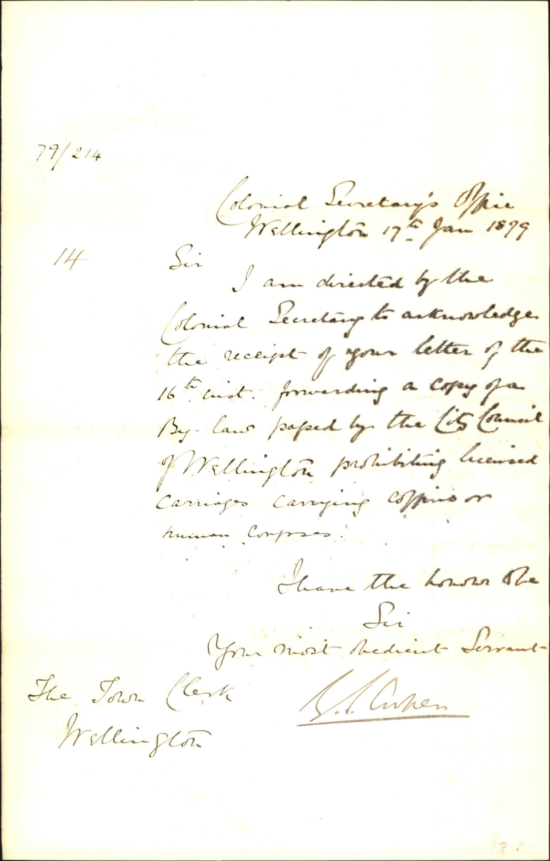 Reply to sent bylaw re prohibition of licensed vehicles carrying coffins or corpses - Colonial Secretary