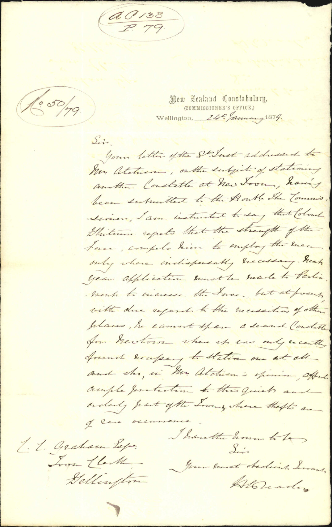 Re Police unable to supply a second constable for Newtown - New Zealand Constabulary
