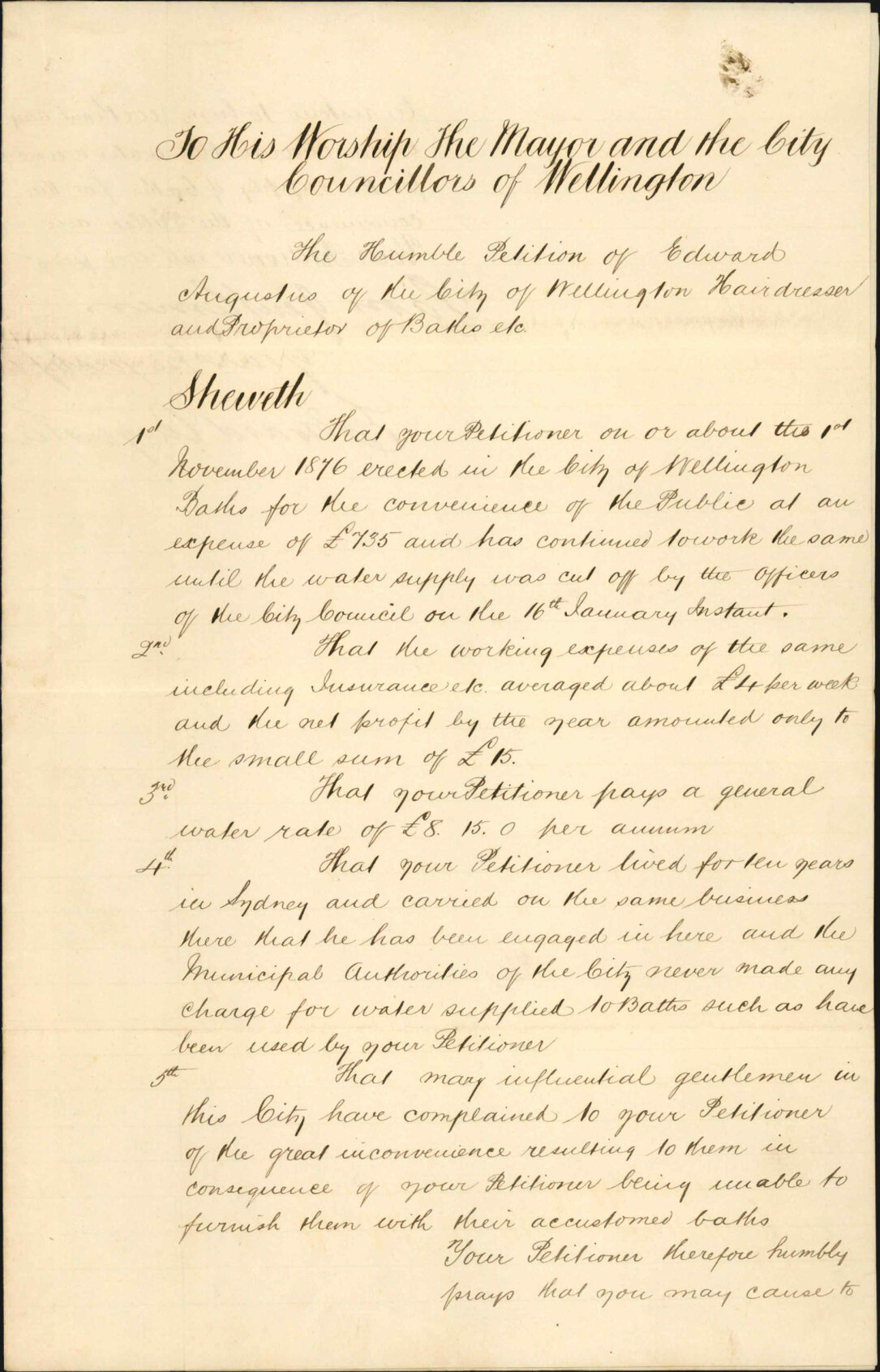 Petition re petition from Edward Augustus requesting that water supply be reinstated to his swimming baths