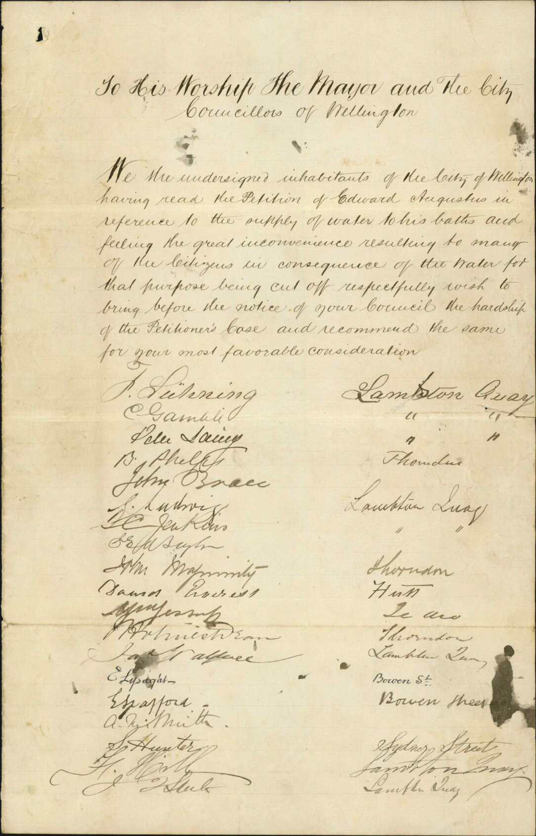 Petition requesting that water supply to the swimming baths of Edward Augustus remain cut due to previous problems in supplying water to citizens