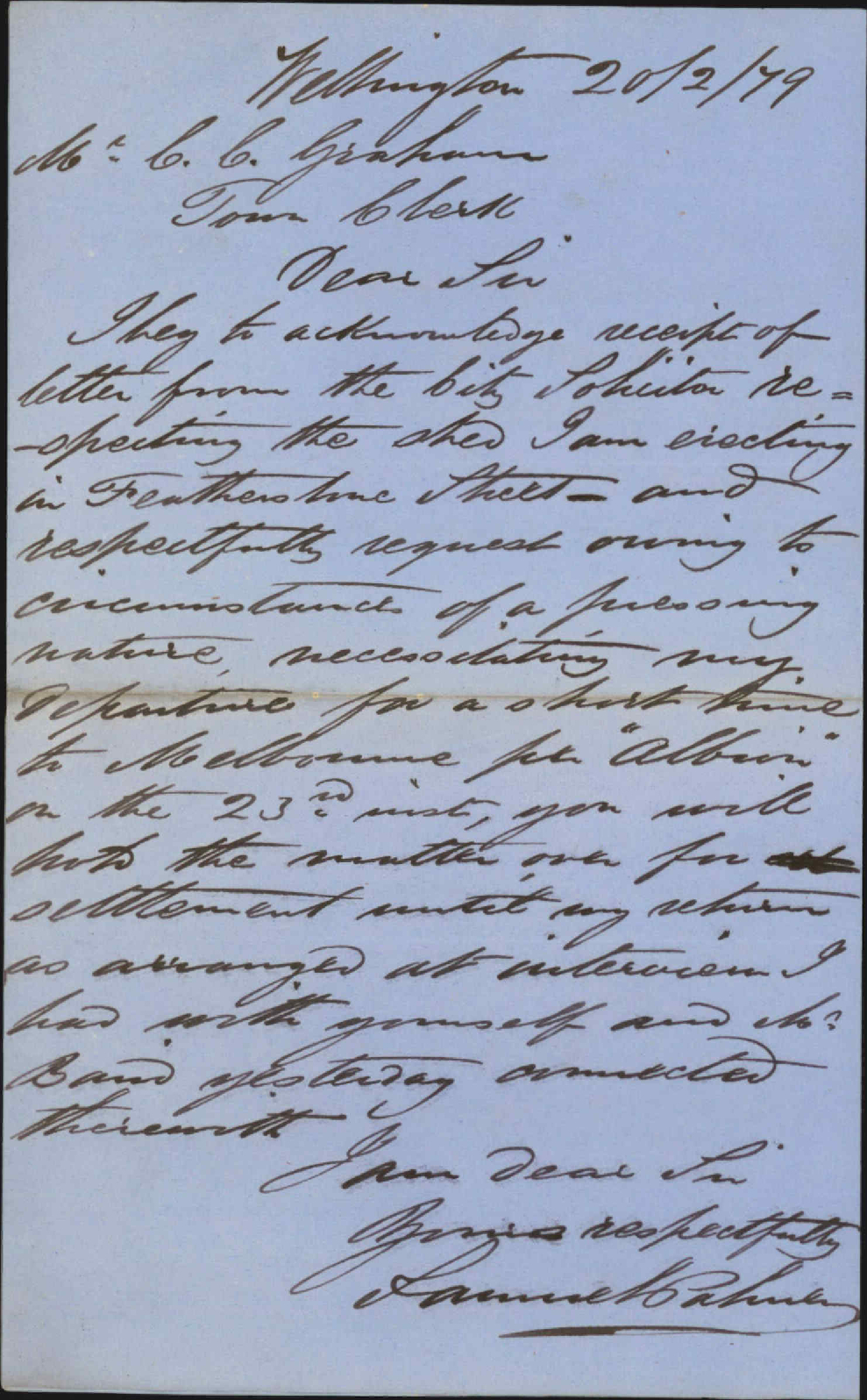 Re explanation for shed erection in Featherston Street (see 1879/1617) - Mr Palmer