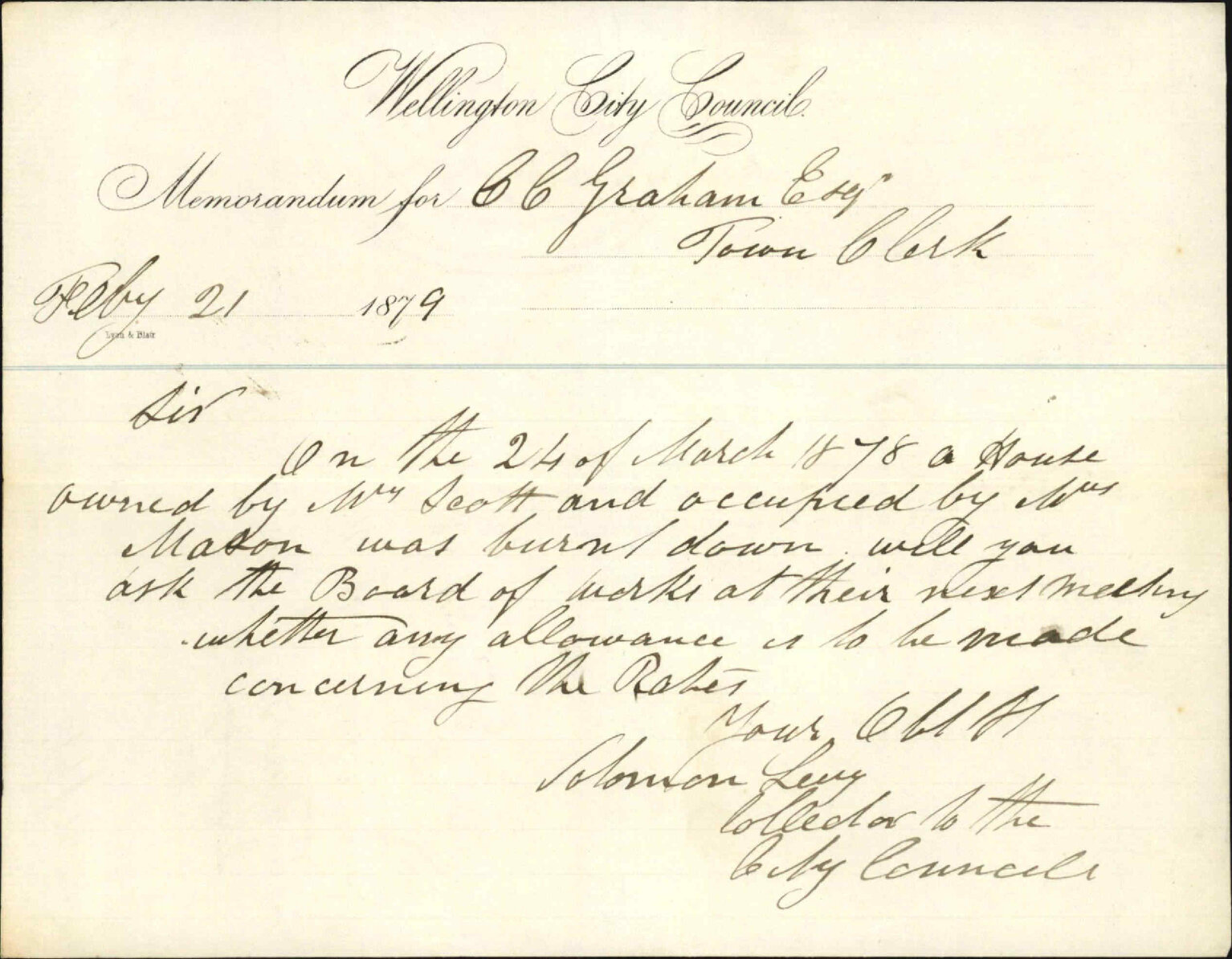 Re memo to Town Clerk regarding rates adjustment to fire damaged (24/03/1878) property owned by Mrs Scott and occupied by Mrs Mason - Solomon Levy (Rates Collector)