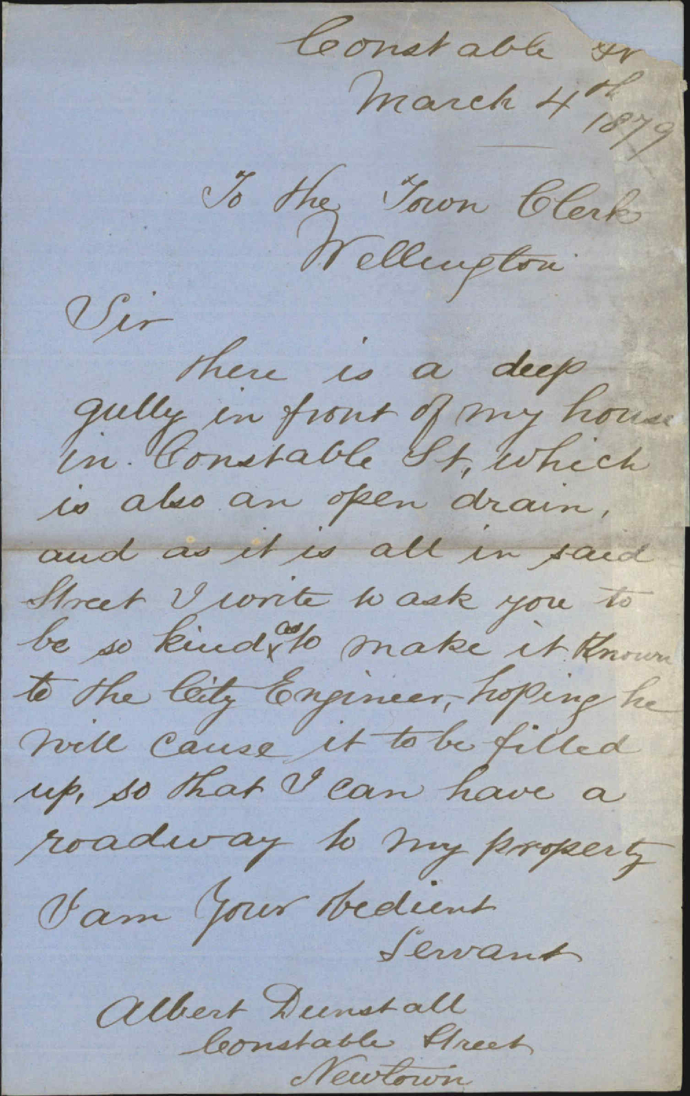Re deep gully in front of his property, Constable Street - Albert Dunstall