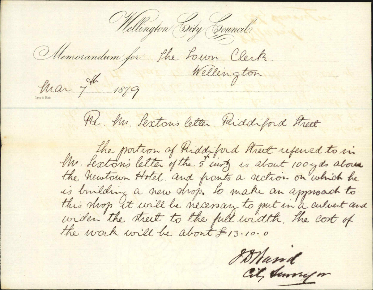 Re letter by Mr Sexton; gives estimate of cost of laying 100 yards of drain in Riddiford Street - City Surveyor