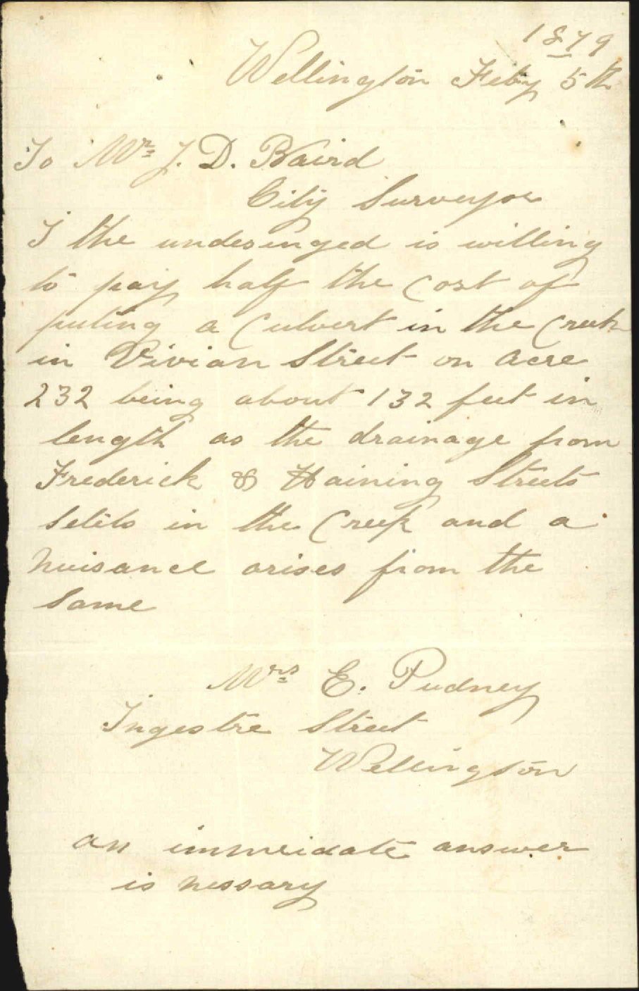 Re offer to pay half the cost of laying a culvert in Vivian Street, Town Acre 232 - Mrs E Pudney