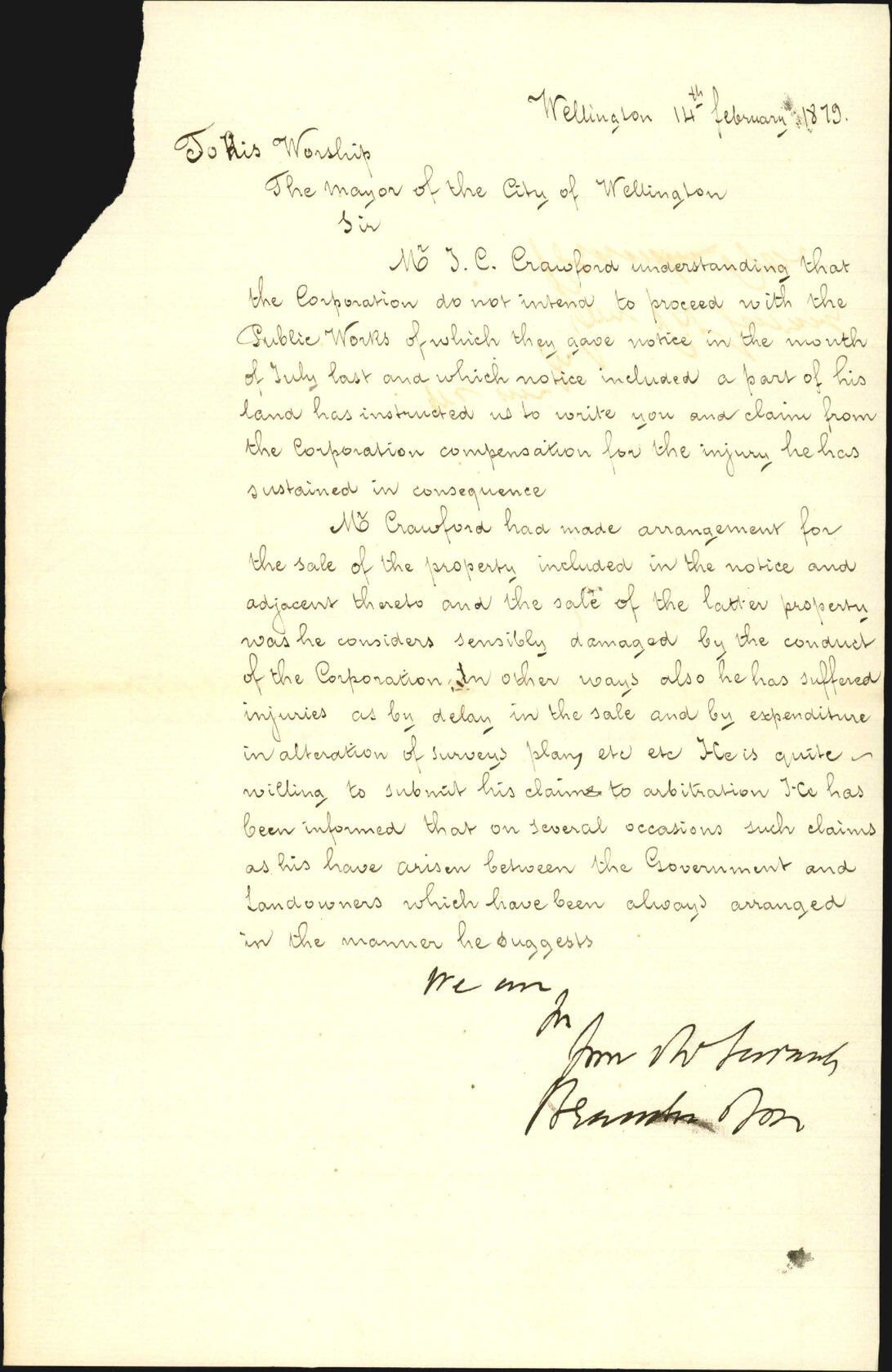 Claim for compensation due to council not proceeding with by Mrs Eliza Hedges - J C Crawford