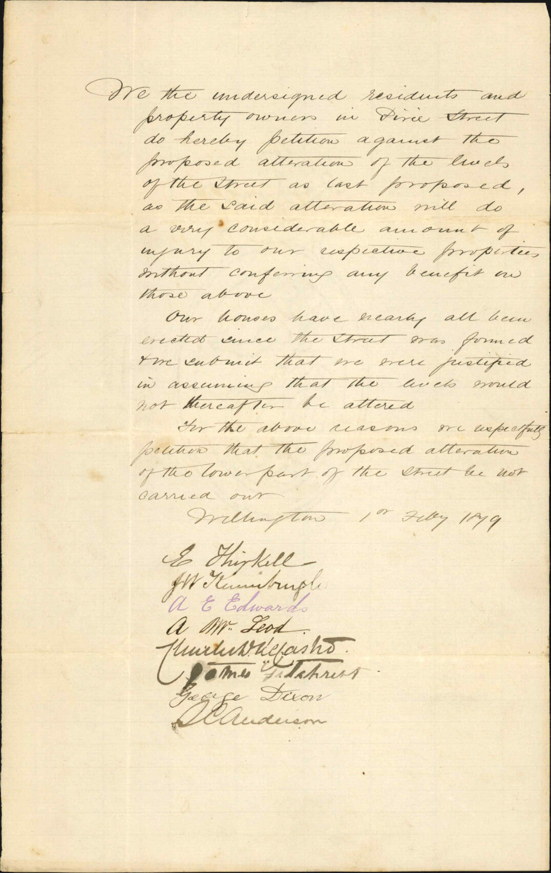 Petition re protest against proposed works in Pirie Street