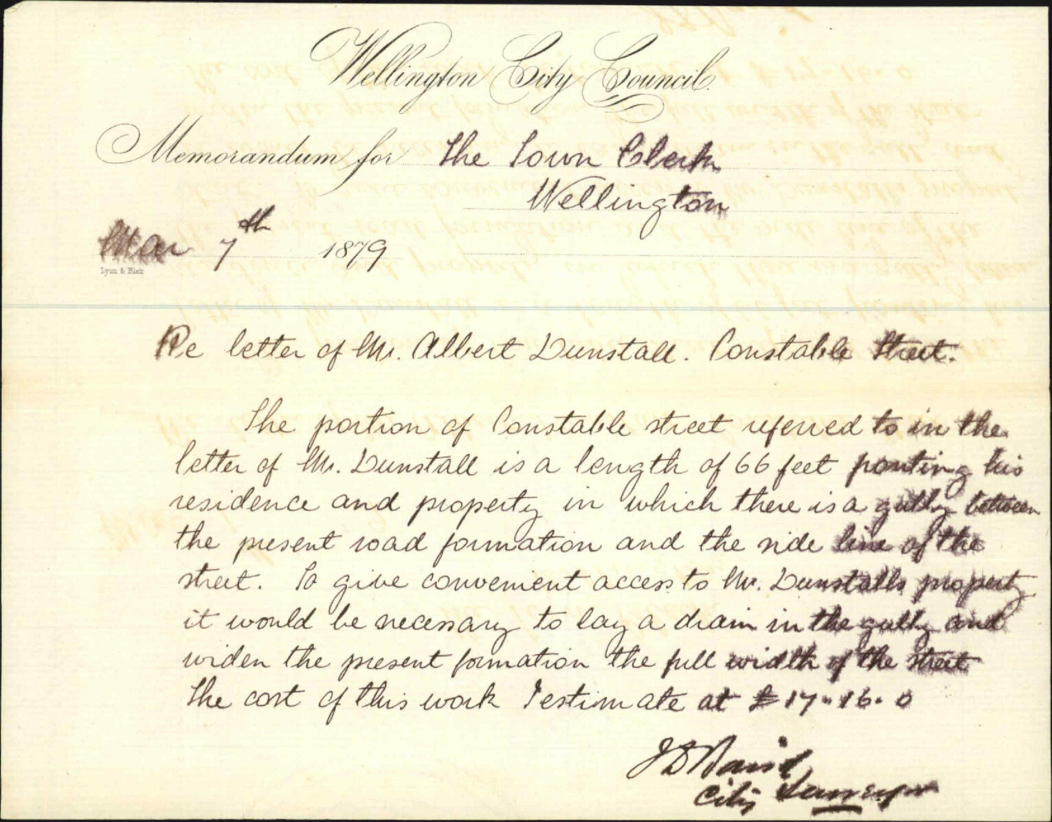 Re letter by Albert Dunstall; gives estimate to lay 66 feet of drain in Constable Street - City Surveyor