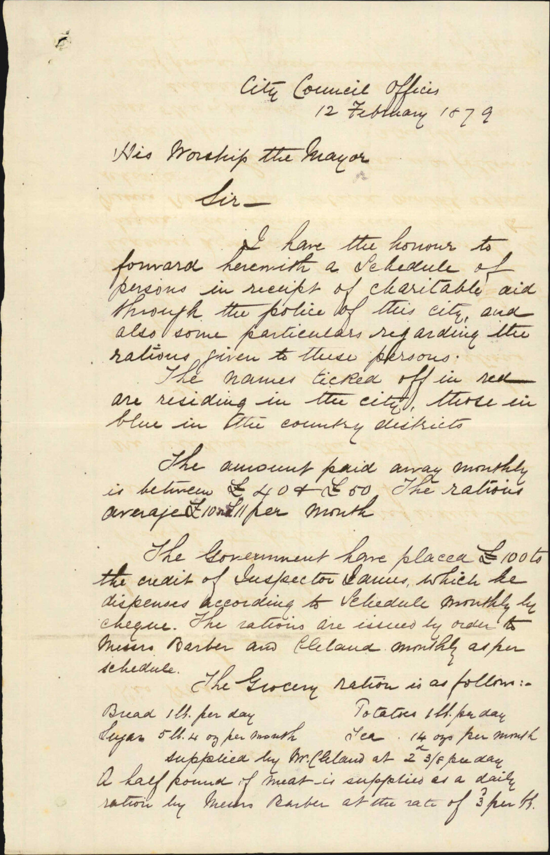Re list of persons receiving charitable aid and amounts - Inspector of Nuisances