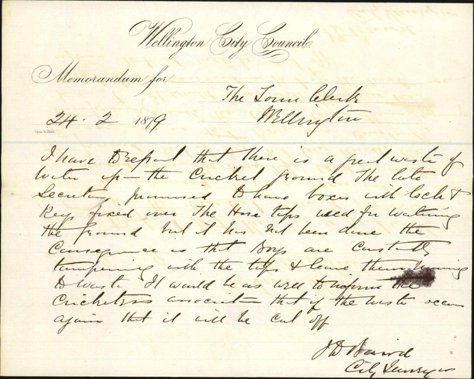 Re memo to Town Clerk re boys tampering with water taps and wasting water - City Surveyor