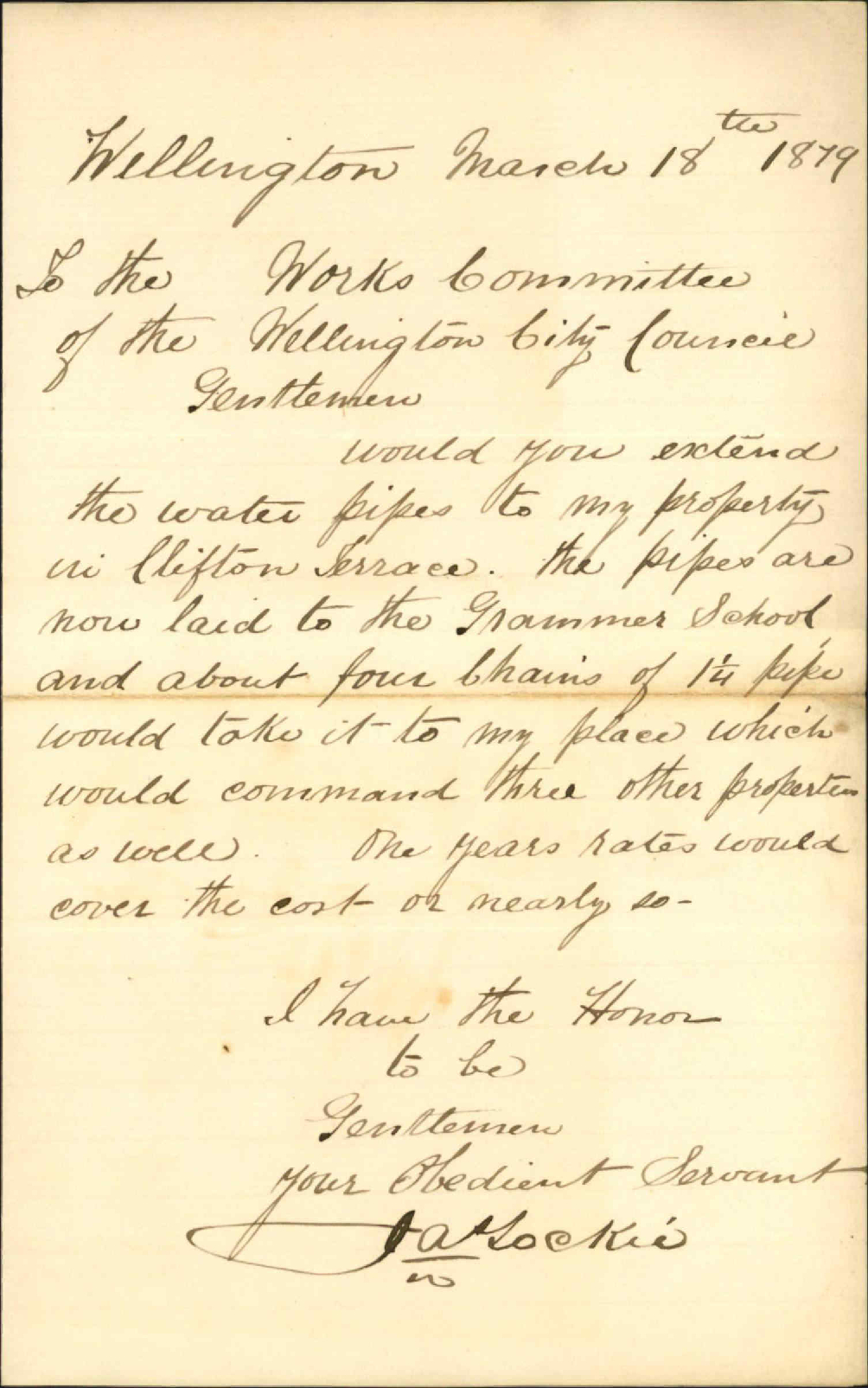 Re request that water supply be extended to his house in Clifton Terrace - Mr Lockee