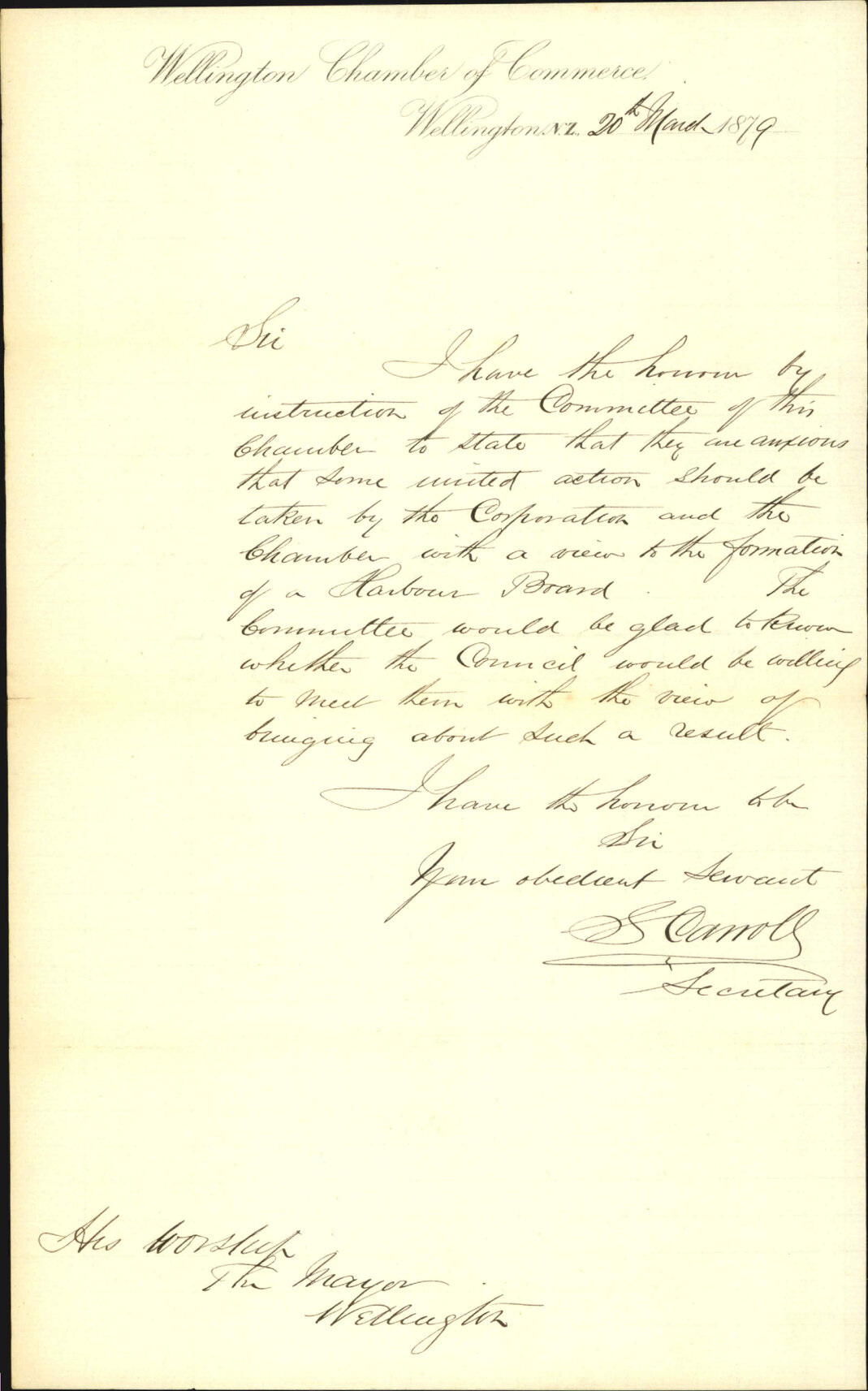 Re request that the Council consider the establishment of a Harbour Board - S Carroll, Secretary of the Wellington Chamber of Commerce