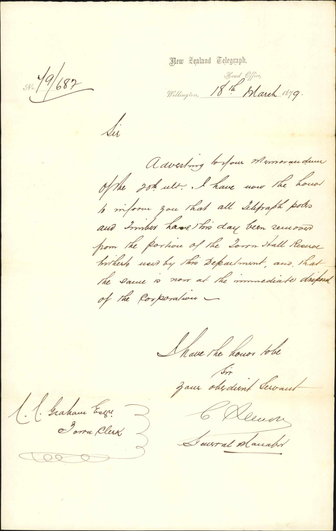Advising the Town Clerk of the removal of telegraph poles from the Town Hall reserve - General Manager of the New Zealand Telegraph Department
