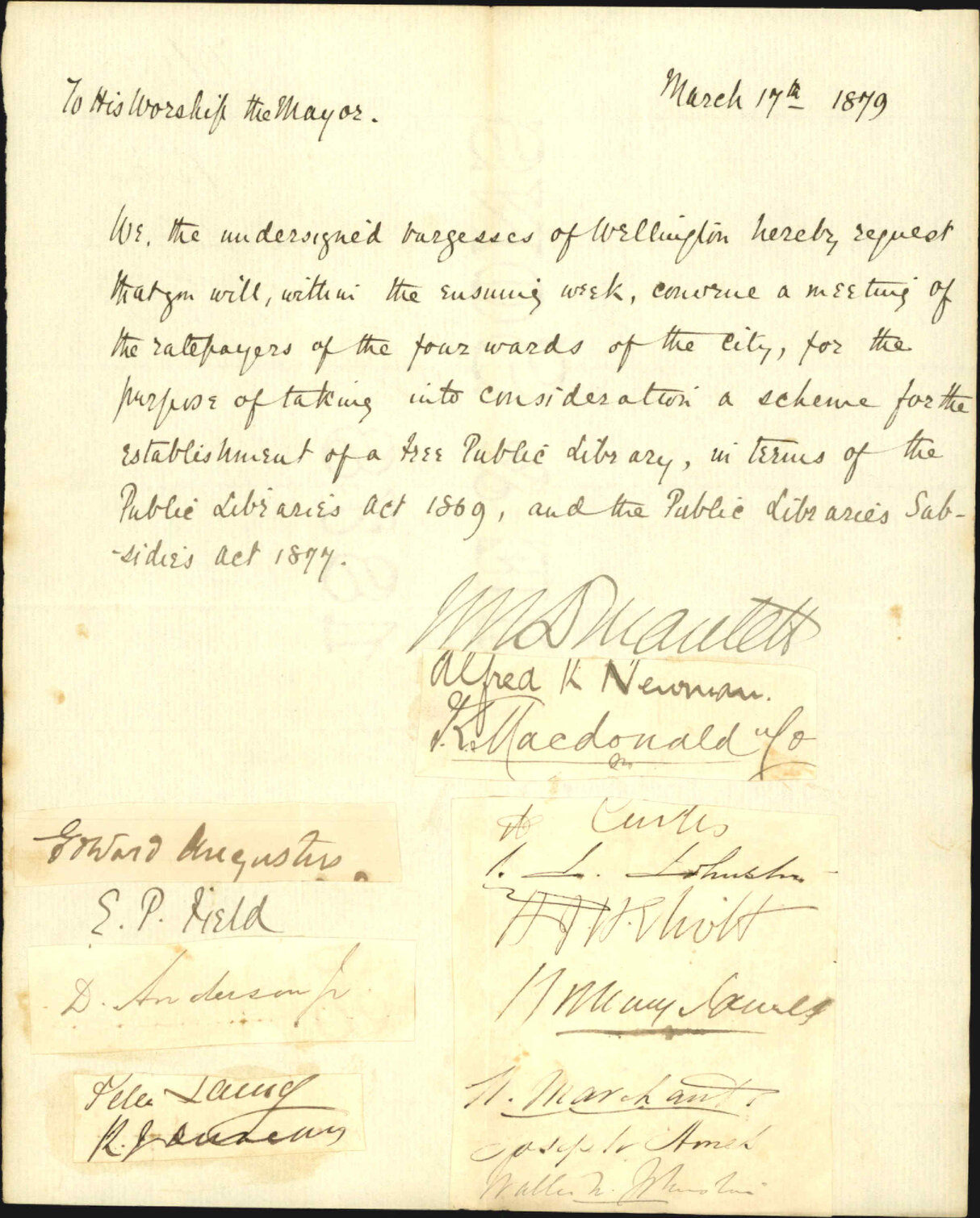 Petition re petition asking for the Council to call a meeting for the purpose of establishing a free public library