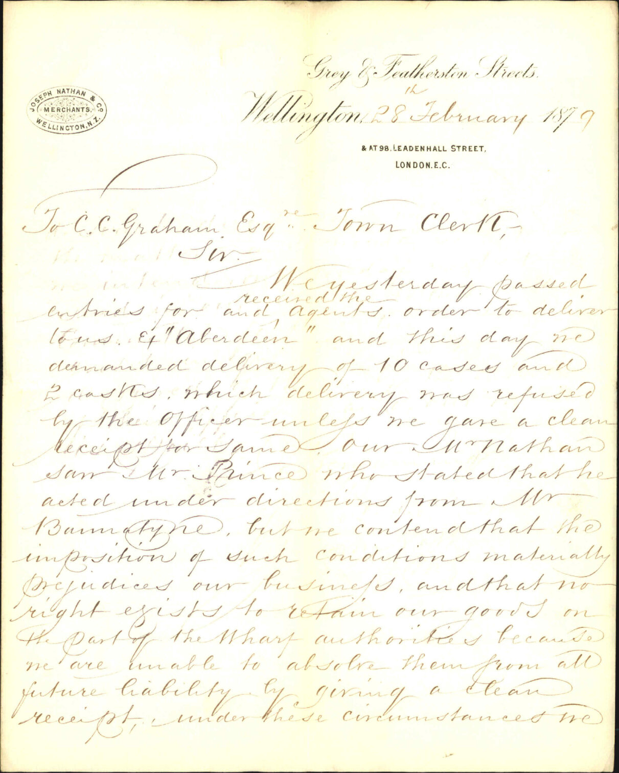 Re complaint regarding the prevention of goods being unloaded from the ship Aberdeen - Joseph Nathan and Co