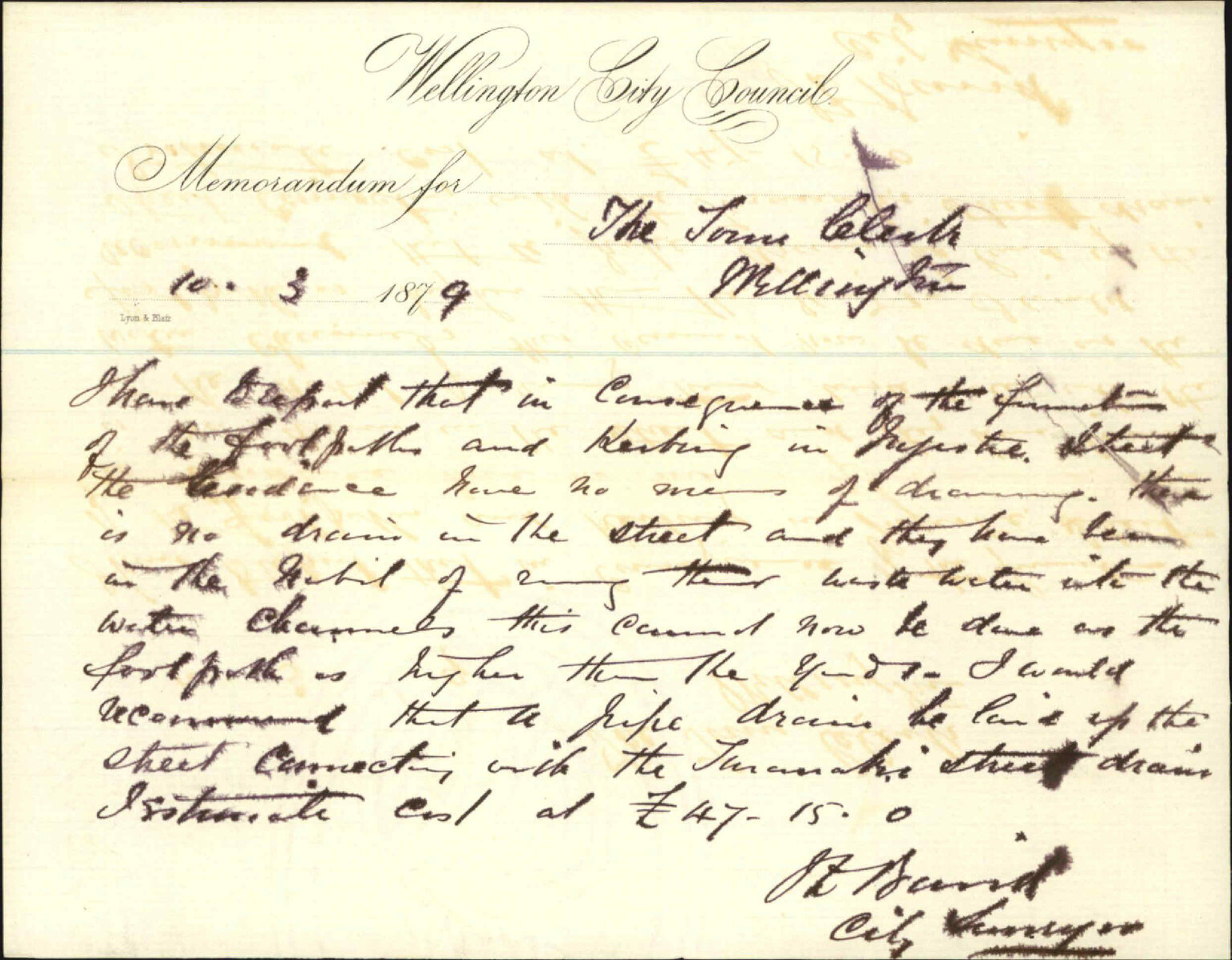 Re estimate of cost of drainage linking [?] Street with Taranaki Street - City Surveyor