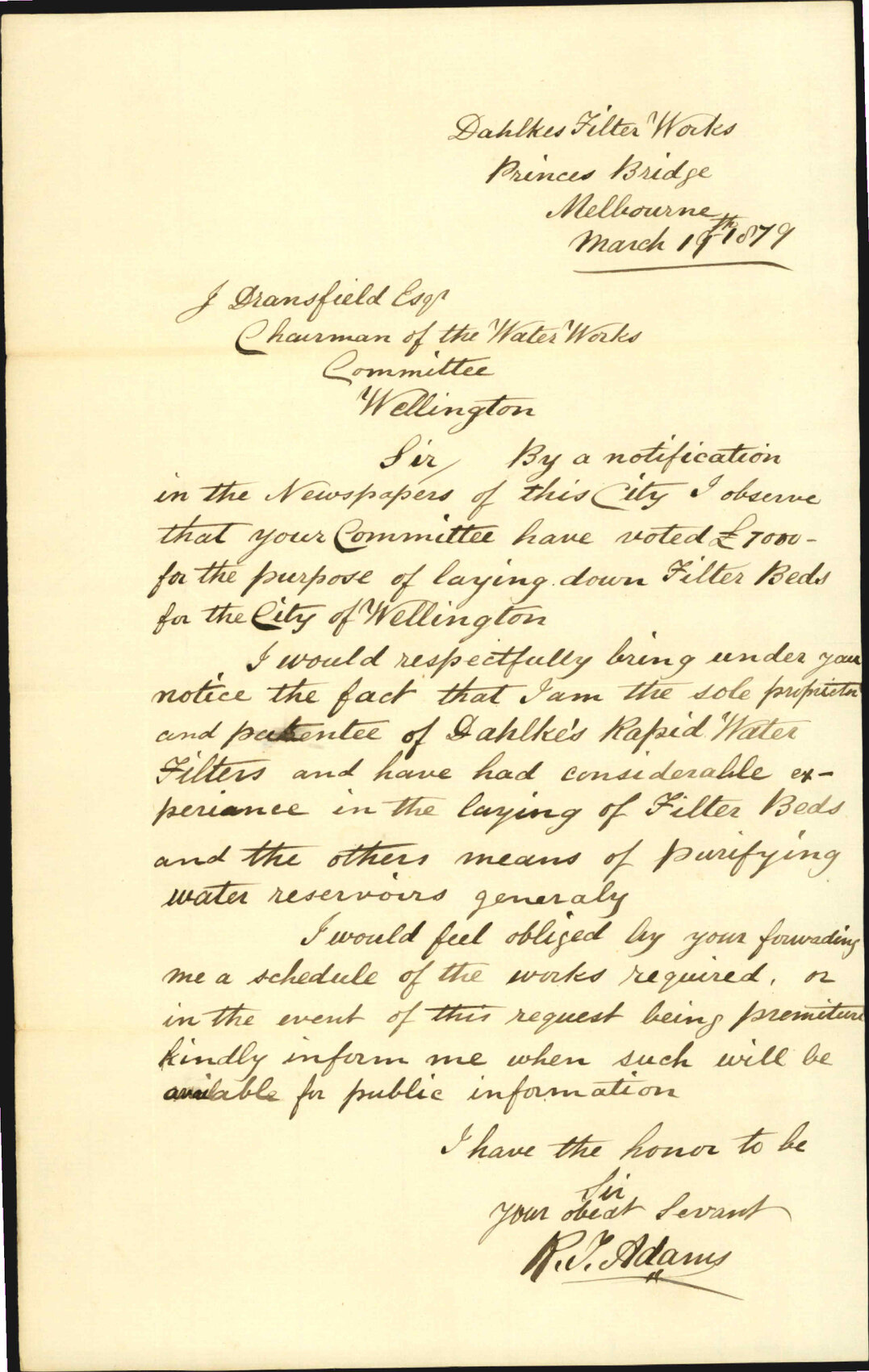 R T Adams: Request for Council plan and proposals to lay down filter beds to purify town water supply