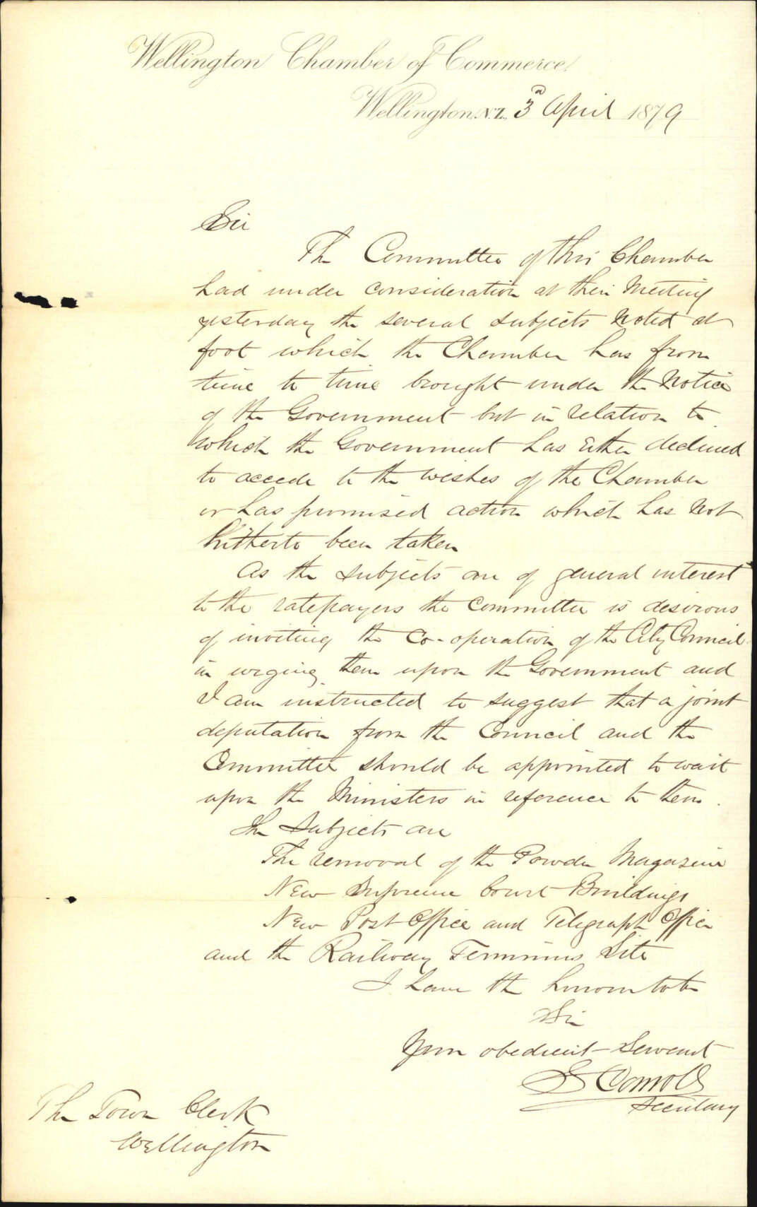 Re suggesting that a joint delegation of Council representatives and members of the Wellington Chamber of Commerce be formed to approach Government with regard to new road building, new post office and telegraph building, new railway station - S Carroll, 