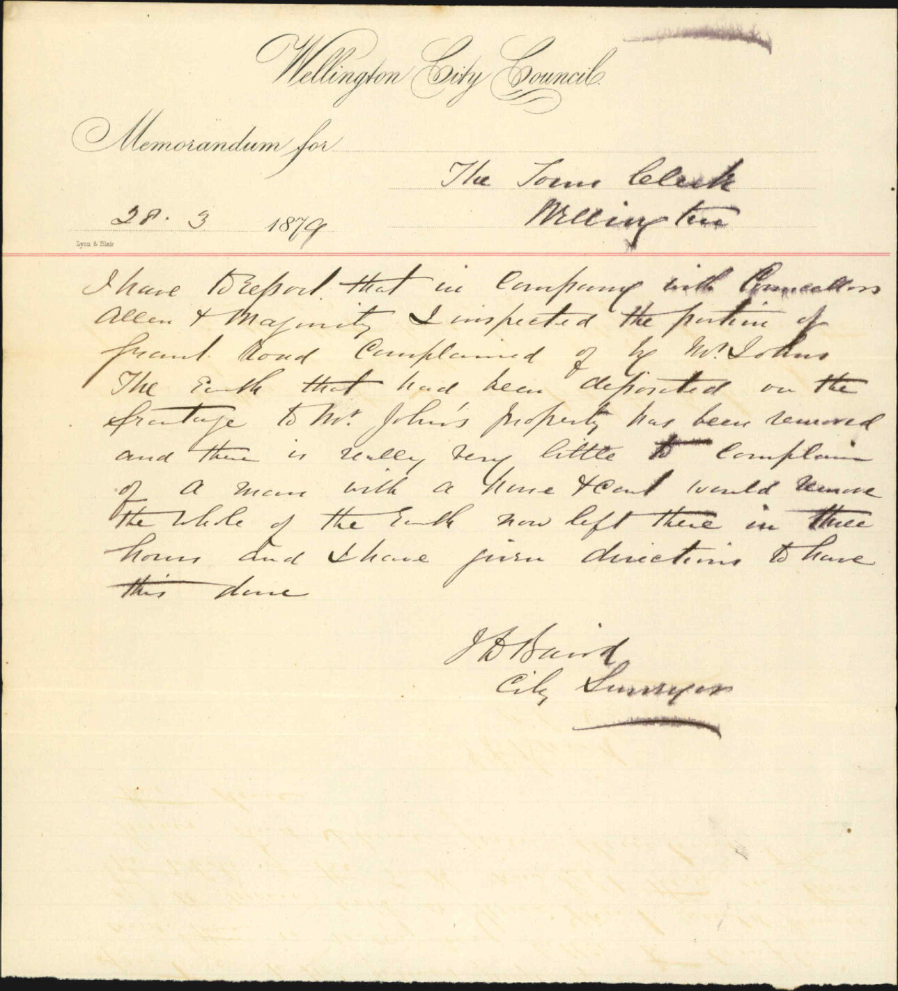 Memo re complaint by Mr Johns that the Council had dumped soil on his property - City Surveyor